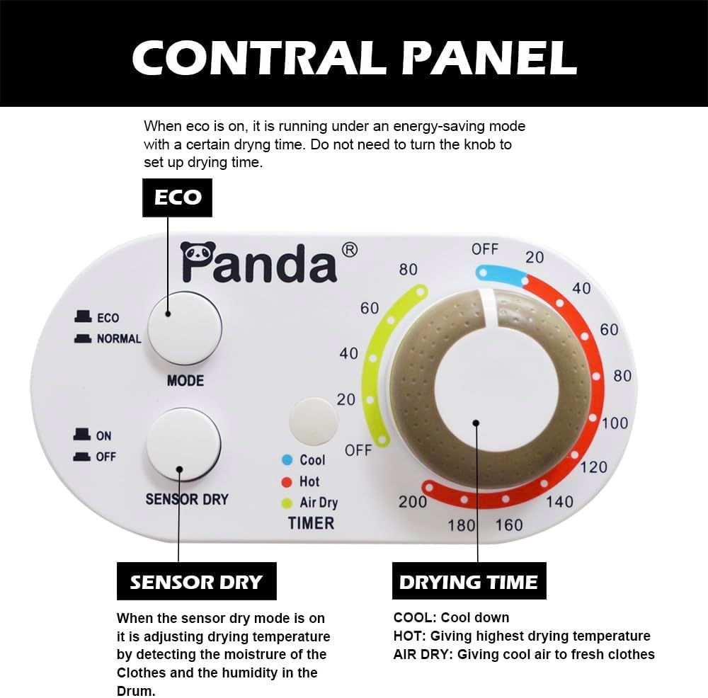 Panda Compact Dryer 13.2 lbs Load Volume 110V 1500W Portable Clothes Dryer 3.5 cu.ftStainless Steel Tub, 4 Drying Modes