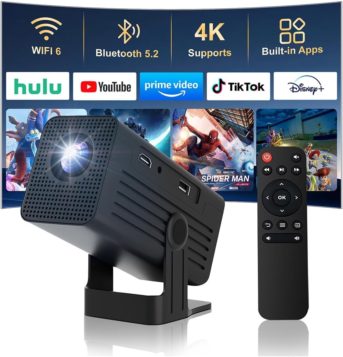 Mini Projector with WiFi and Bluetooth, 4K Support 260 ANSl Smart Portable Projector, Auto Keystone, 135 Degree Rotation, Video Projector for Home, Bedroom, Outdoor