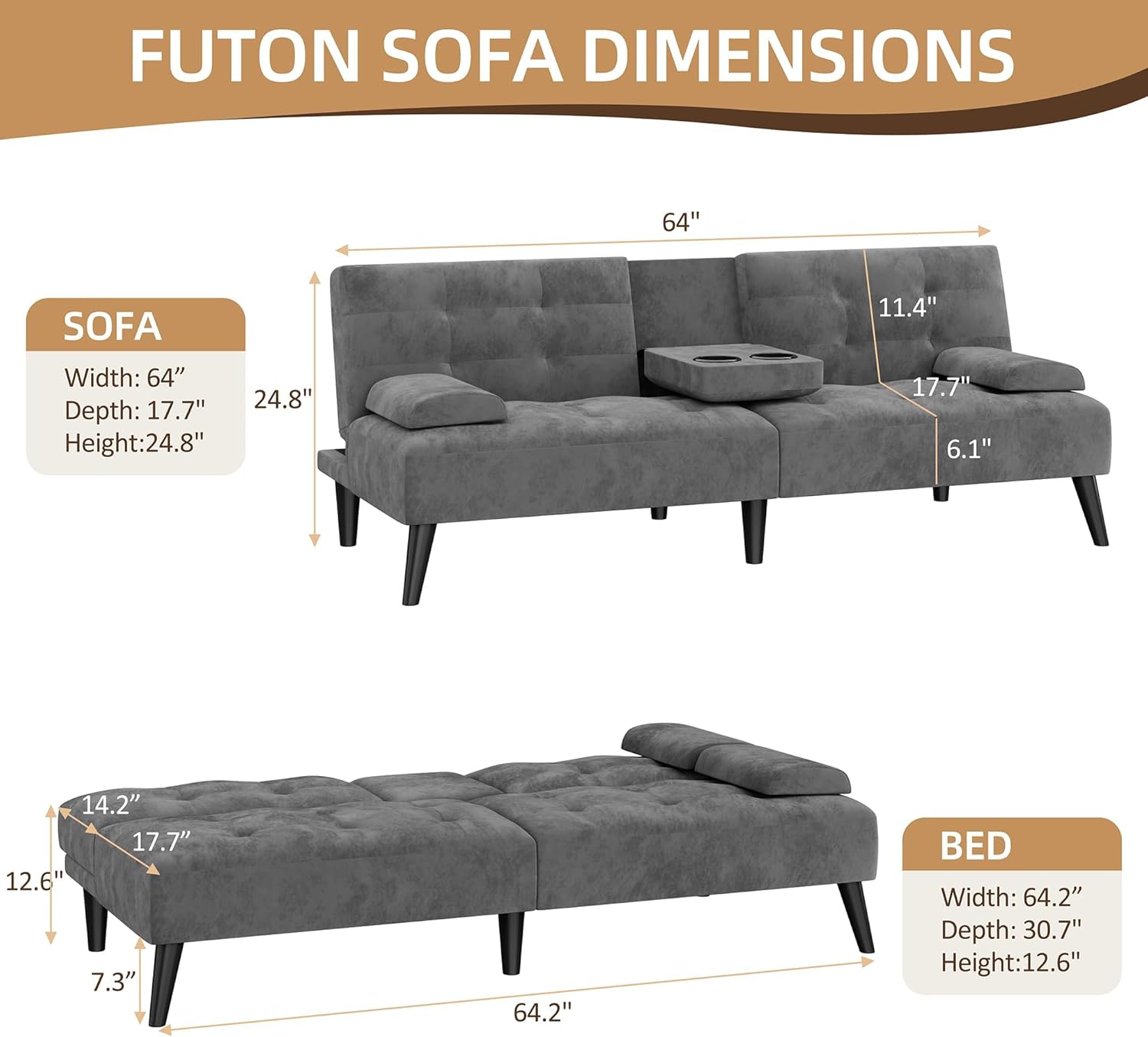 Shintenchi Futon Sofa Bed, Velvet Foldable Couch, Reclining Sleeper with Removable Armrests, Upholstered Loveseat Sofa Couch with Folding Cup Holders for Home, Office, Dark Gray