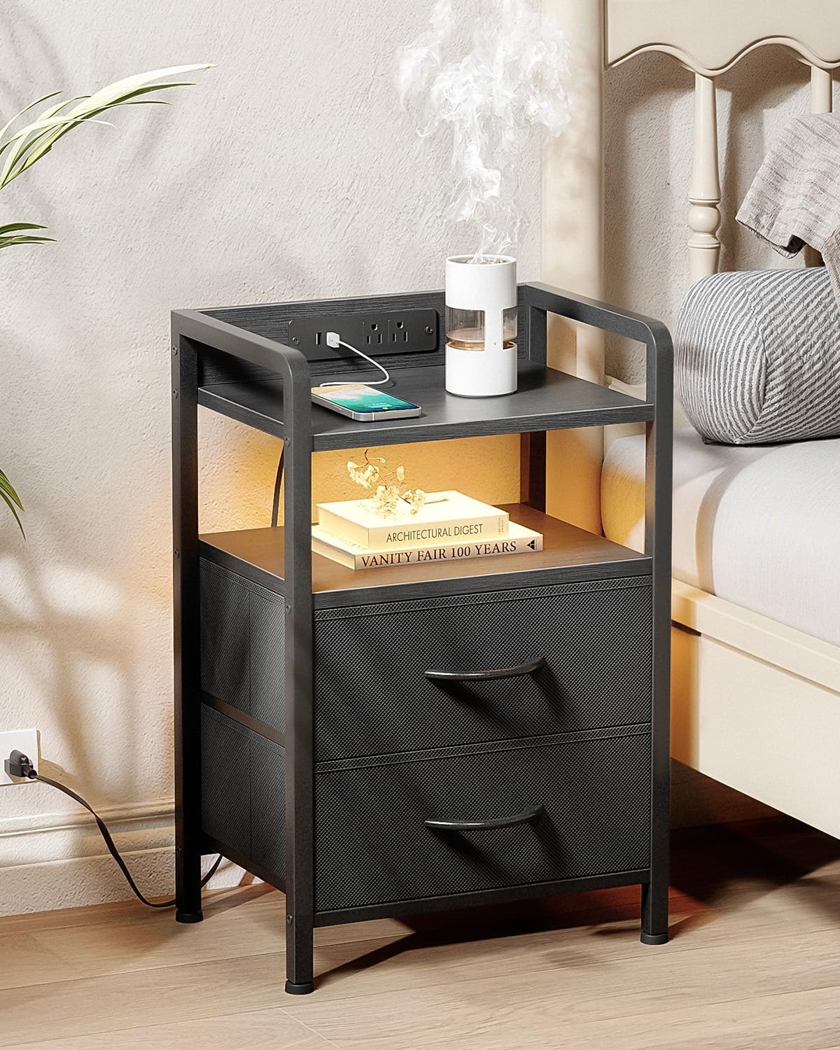 Lazzanto Night Stand Bedside Charger Bedroom - Nightstand with Charging Station & LED Light Strip, Night Stand with Storage Shelf & 2 Fabric Drawers, Modern End Table with U-S-B Ports & AC Outlets