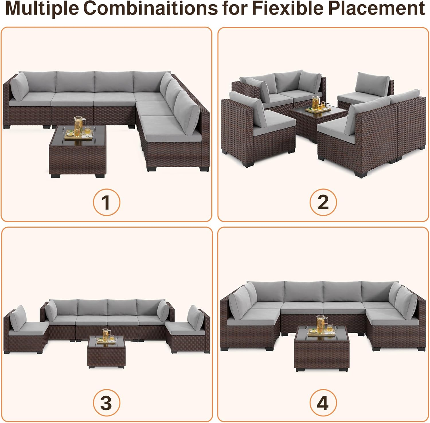 Ahomly 7-Piece Patio Furniture Set, Outdoor Sectional Couch with Water-Resistant Cushions & Coffee Table, PE Rattan Outdoor Patio Sofa Set for Backyard, Deck, Garden, or Porch, Grey