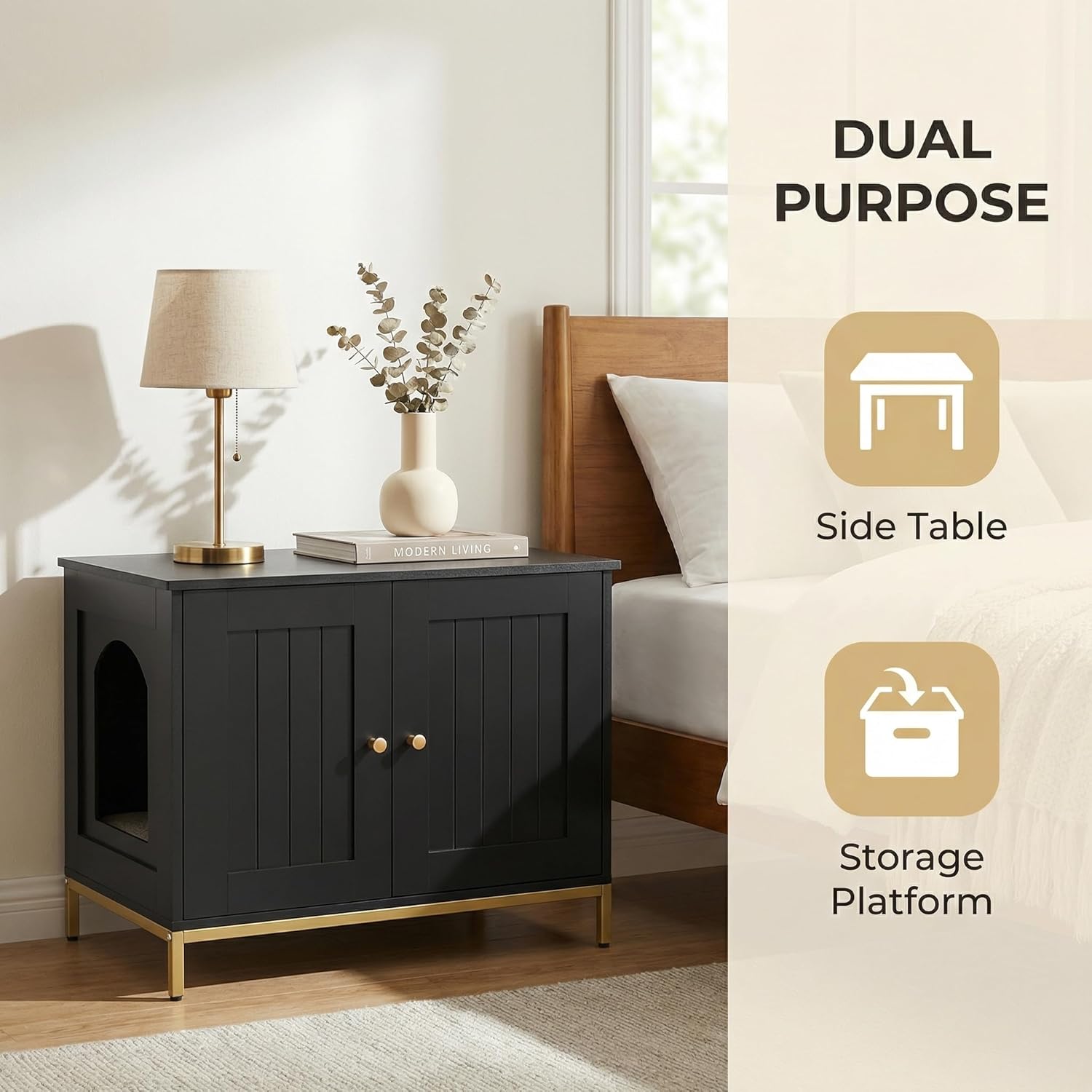 Homhedy Cat Litter Box Enclosure, Cat Washroom Furniture with Metal Frame, Pet House, Fits Most Litter Boxes, Modern Style, Black and Gold