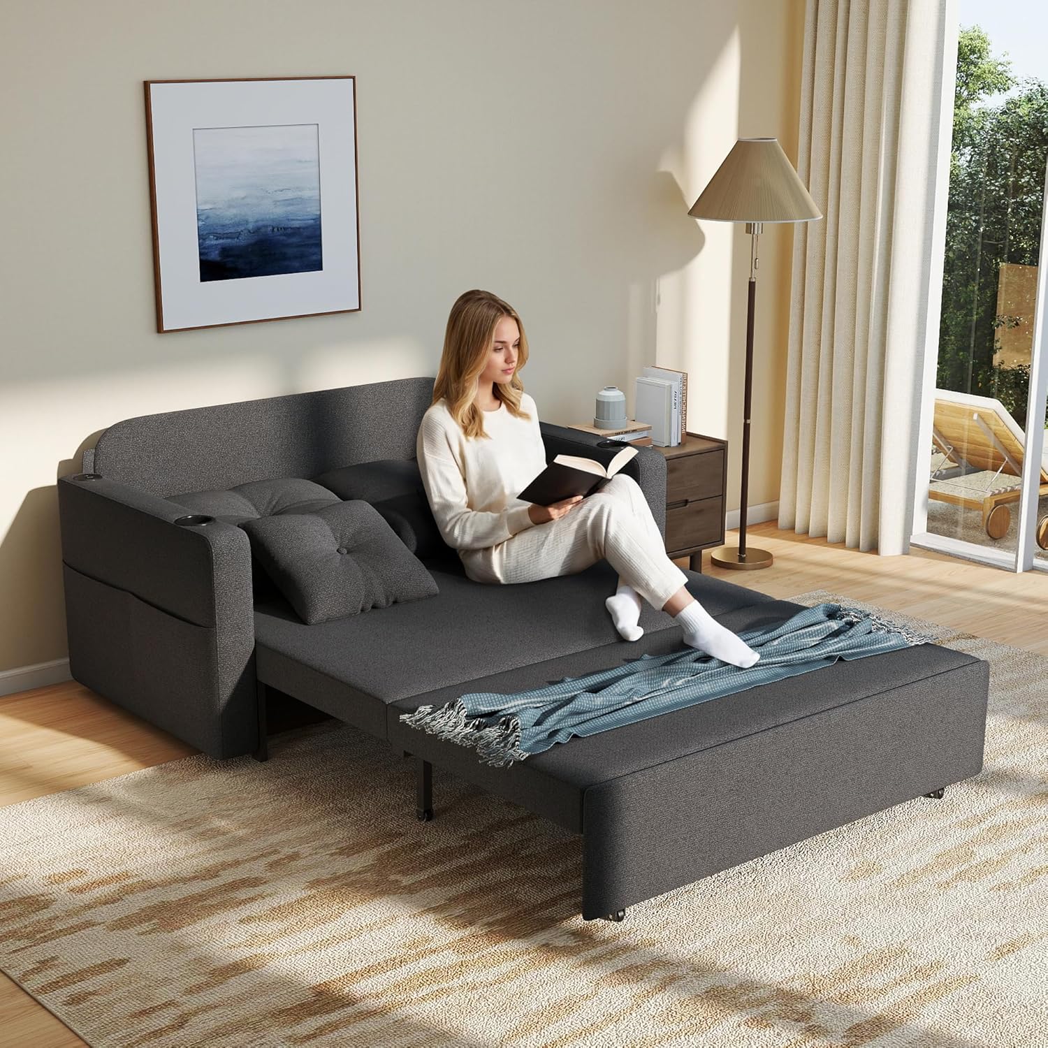 Krcix 3 in 1 Sofa Bed, 56 Inch Convertible Pull Out Couch, Loveseat Sleeper Sofa with Cup Holders, USB, Sofa Couches for Living Room, Bedroom, Apartment, Dark Grey