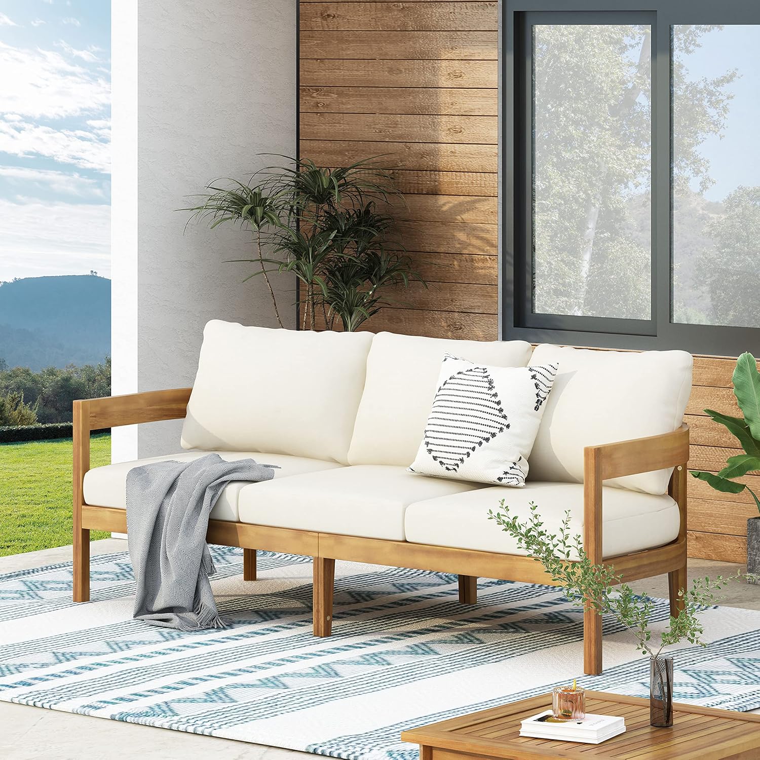 Brooklyn Outdoor 3 Seater Sofa with Cushions - Acacia Wood - Teak/Beige