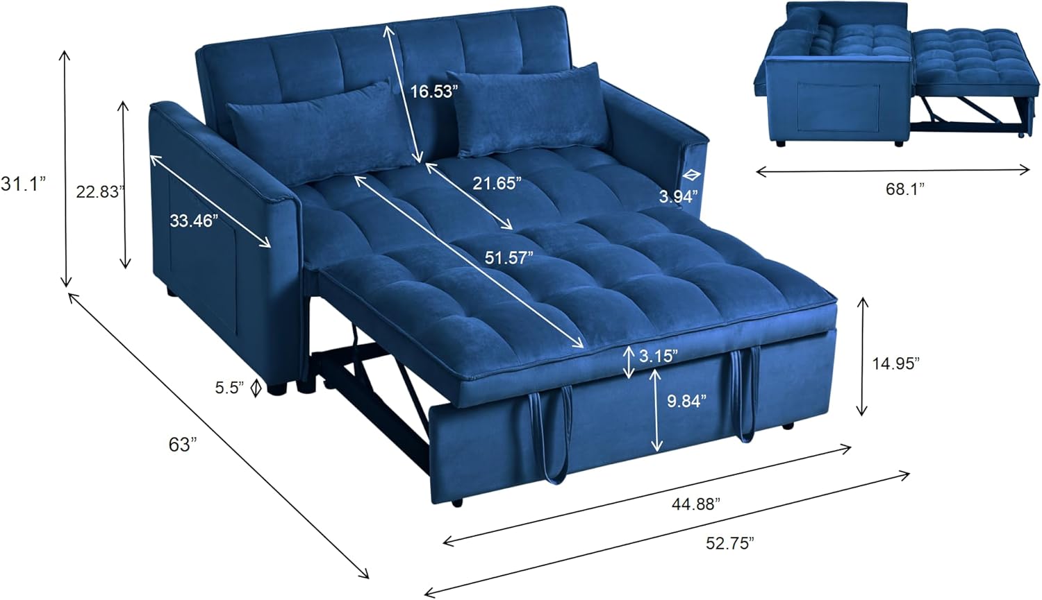 3 in 1 Convertible Sleeper Sofa Bed, Pull Out Couch Loveseat Futon, Adjustable Backrest Velvet Sofa with Pillows and Side Pockets for Living Room Apartment, Blue