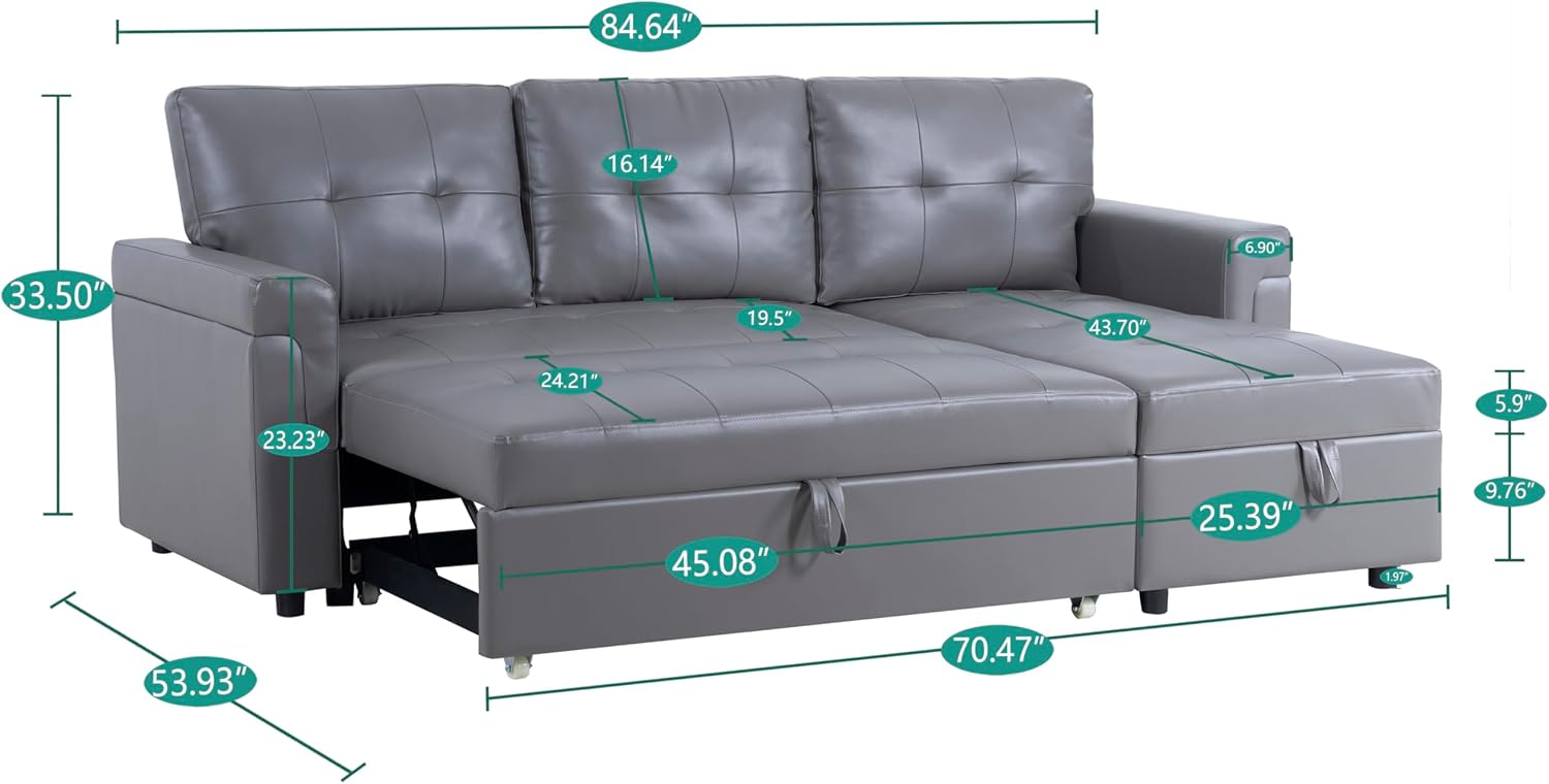Multifunctional Sectional Sofa with Pull-Out Sleeper Bed & Hidden Storage – Reversible Chaise Gray, Air Leather – Space-Saving, Durable, Stylish & Easy DIY Assembly for Apartments & Small Homes