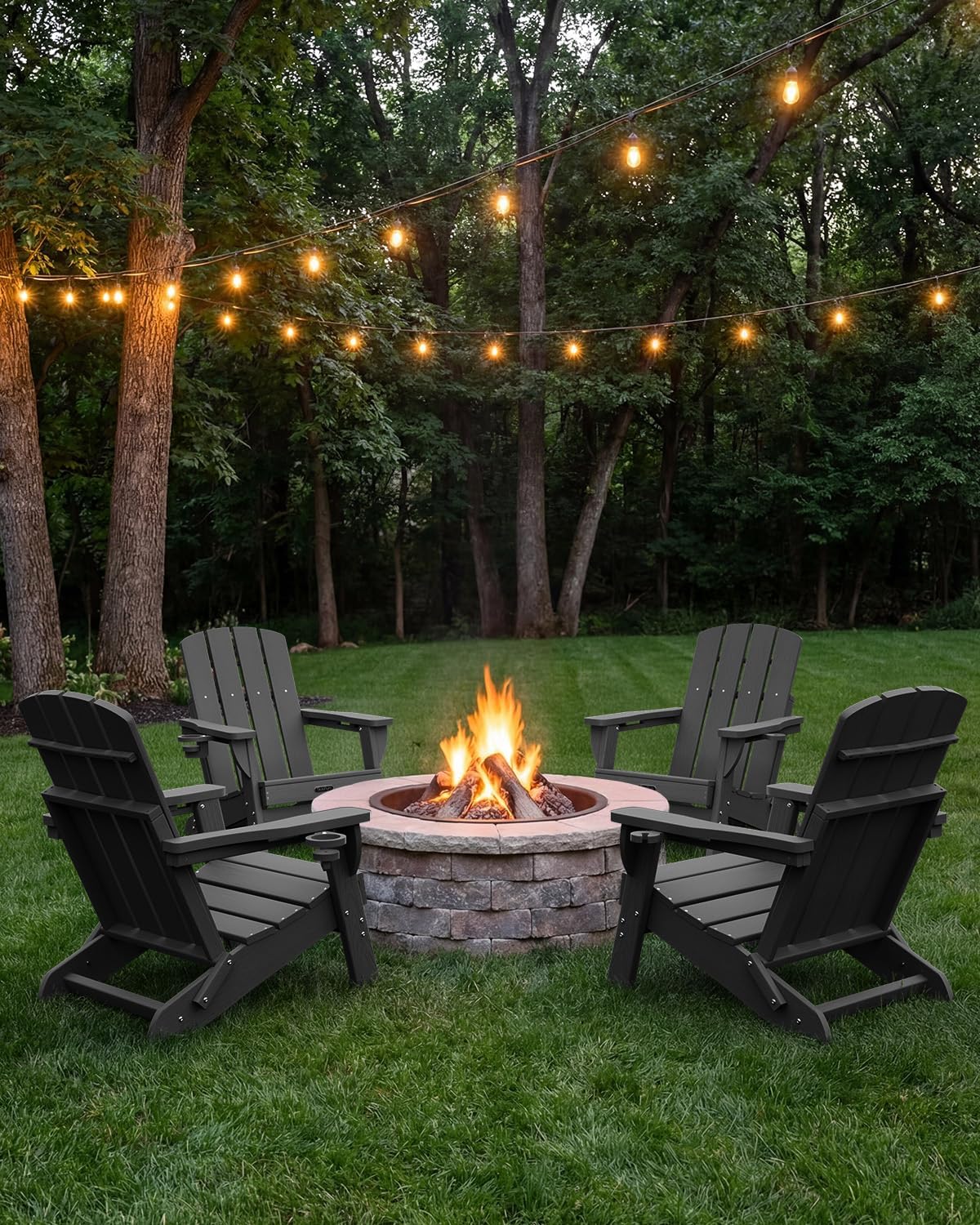 Folding Adirondack Chair, HDPE All-Weather Fire Pit Chairs, Plastic Adirondack Chairs with 2 Cup Holders, Outdoor Lawn Chair for Patio Garden (Black)