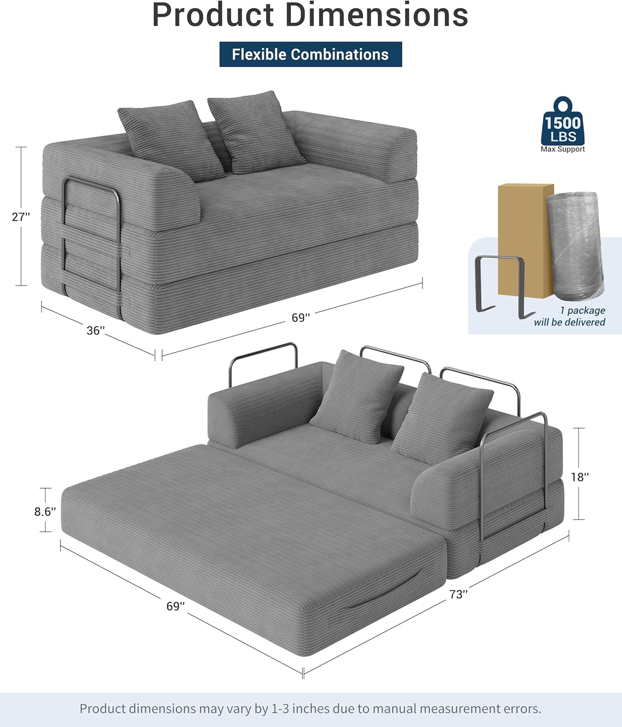 Cloud Boneless Couch Futon Sofa Bed, 5-in-1 Convertible Sofa Bed Pull Out Couch Sleeper Sofa Compressed Loveseat, 70