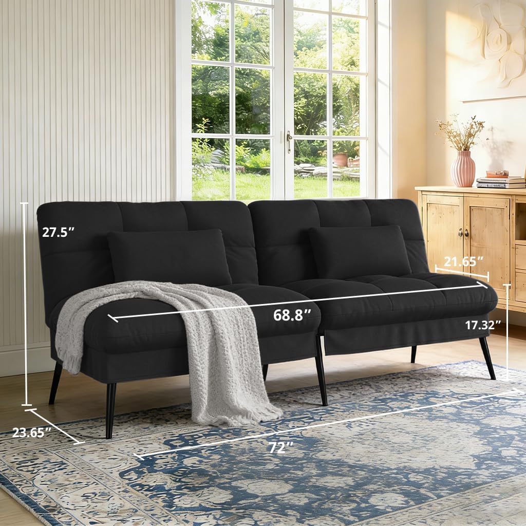 COMHOMA 72″Futon Sofa Bed, Modern Convertible Sleeper Sofa, Fabric Futon Couch with Multi-Position Backrest for Living Room Furniture (Black)