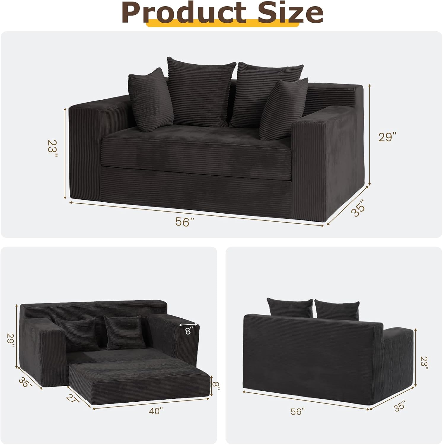 cidludto Convertible Sofa Bed, Boneless Loveseat Folding Couch Bed Foldable - 3 in 1 Small Couch & Futon Sofa Sleeper, Corduroy Pull Out Couch with 4 Pillows for Living Room, Black