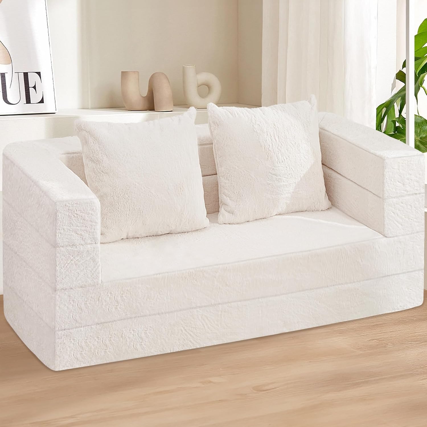 Futon Sofa Bed with Pillow, 3-in-1 Sleeper Sofa Bed with Removable Cover, Convertible Floor Sofa Bed, No Assembly Required Boneless Couch for Living Room, Bedroom