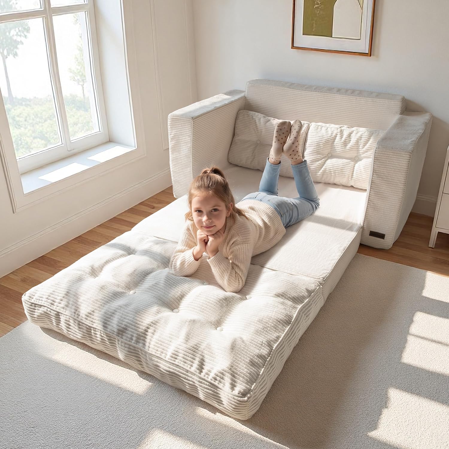 MAXYOYO Convertible Sofa Bed, Pull Out Loveseat Sleeper Sofa, 2 in 1 Folding Couch Bed, Fold Out Floor Couch with Pillows for Living Room Bedroom Lounge, Beige