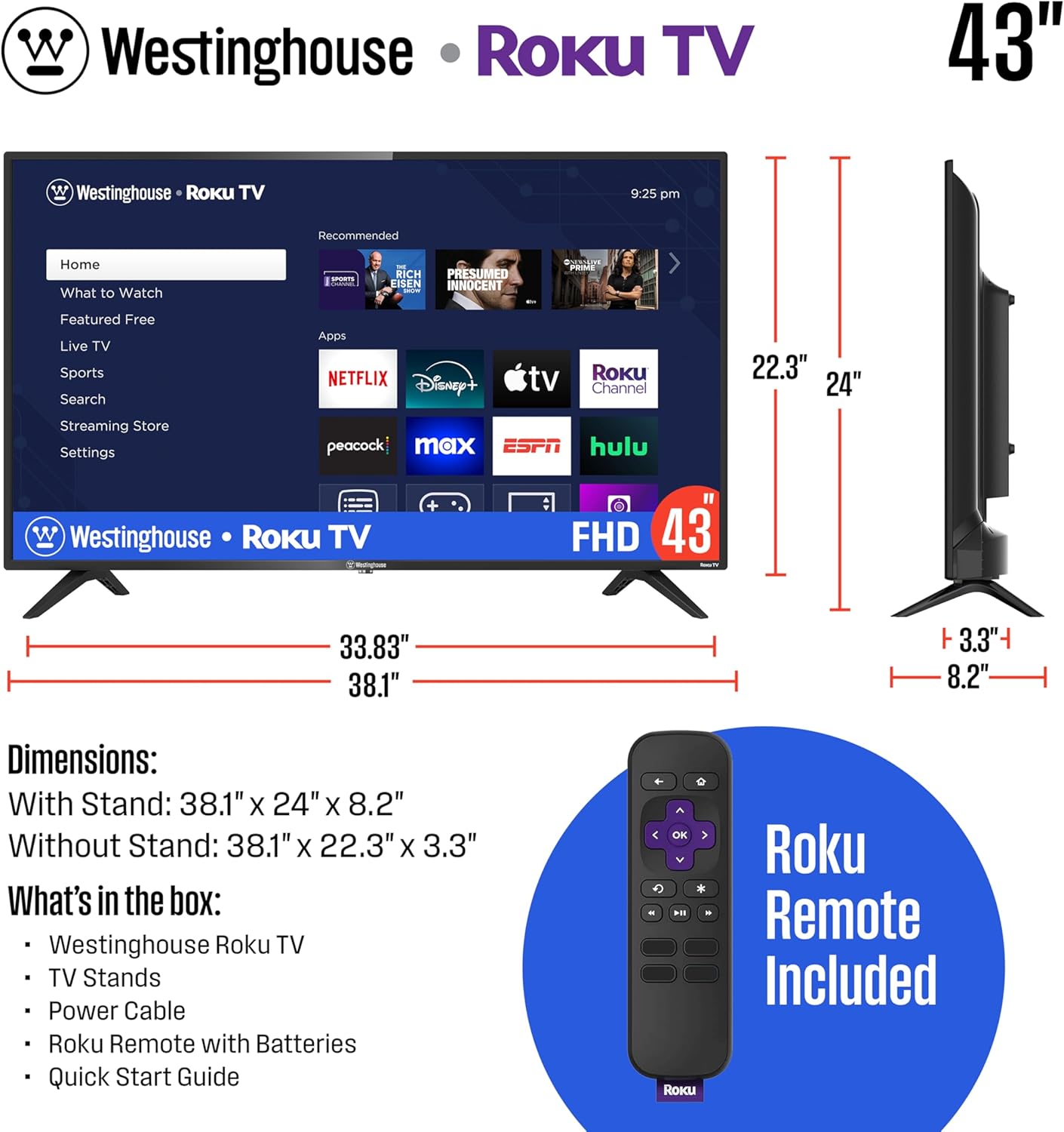 Westinghouse Roku TV - 43 Inch Smart TV, 1080P FHD Television with Wi-Fi Connectivity and Mobile App, Flat Screen, Bluetooth, Compatible with Apple AirPlay, Alexa and Google Assistant