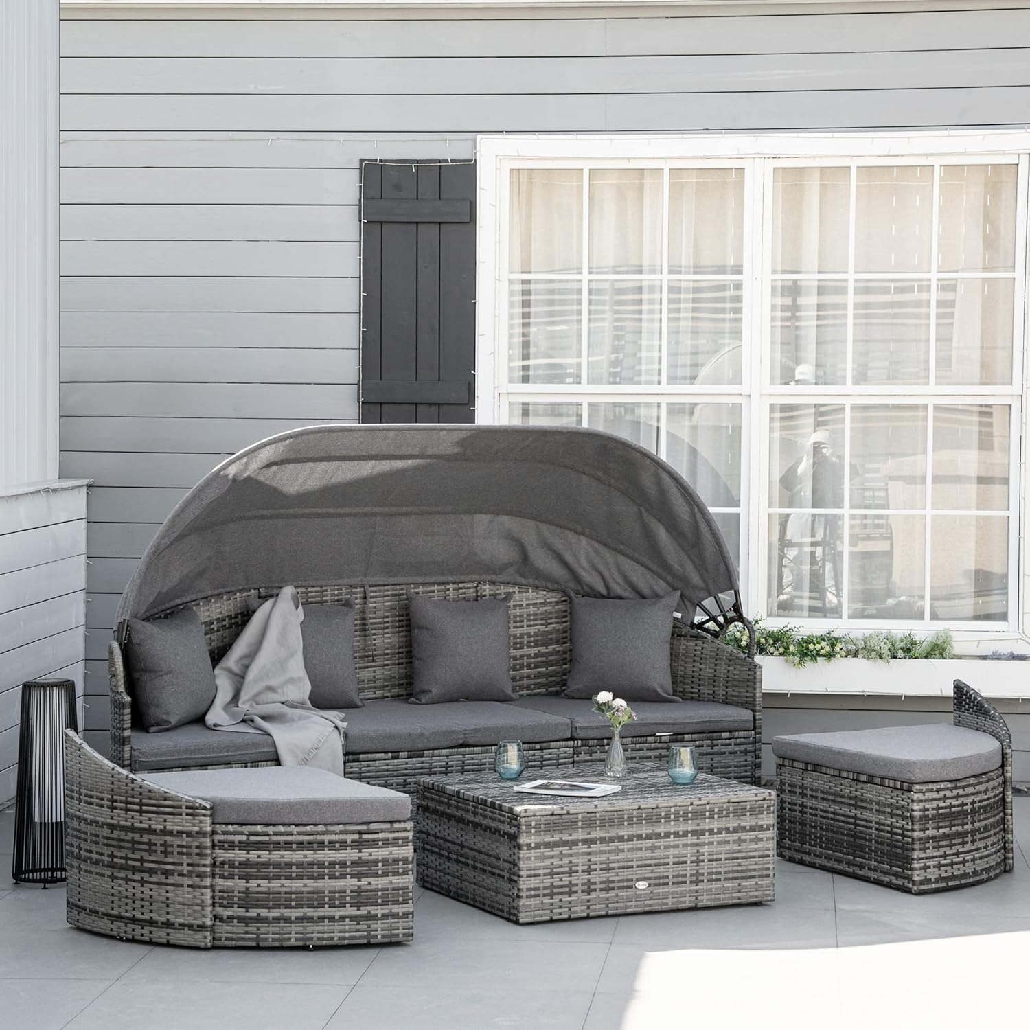 Outsunny 4-Piece Outdoor Rattan Furniture Set, Round Convertible Patio Daybed or Sunbed, Sectional Sofa with Canopy, Pillows, Cushions, Footrest, Table, PE Plastic Wicker, Gray