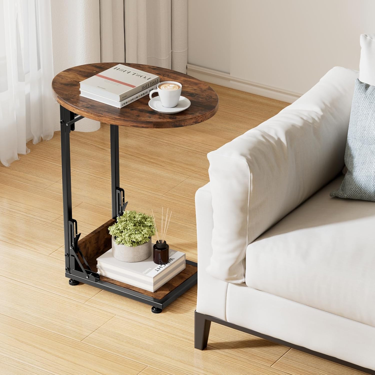 Elbourn Folding Side Table End Couch Tables, Metal Frame C-Shaped TV Stand for Sofa Living Bedroom Bedside Coffee Small Spaces (Vintage Wood Color)