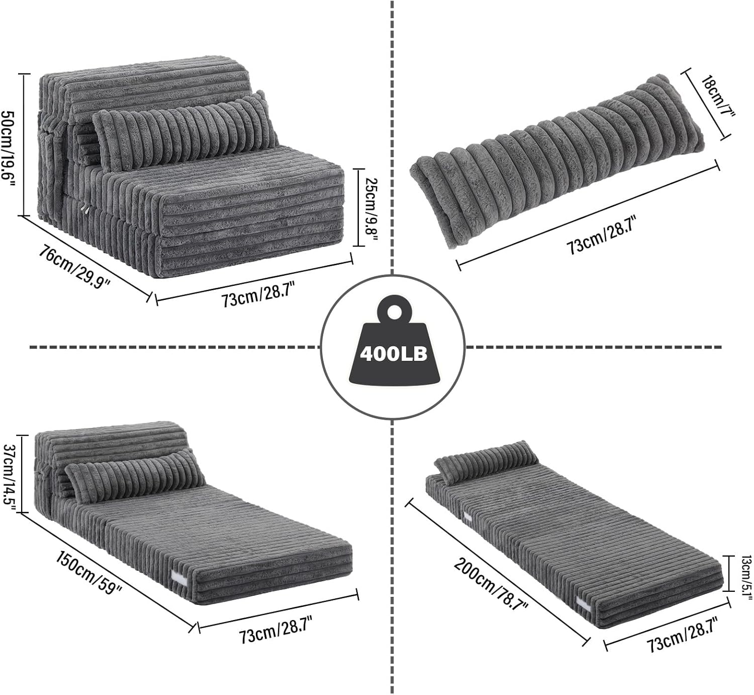 Tiita Folding Sofa Bed Single Size, Convertible Sleeper Chair Mattress with Pillow, Thick Corduroy Floor Mattress Couch Bed with Side Pocket, Guest Room, Dorm, Apartment, Grey