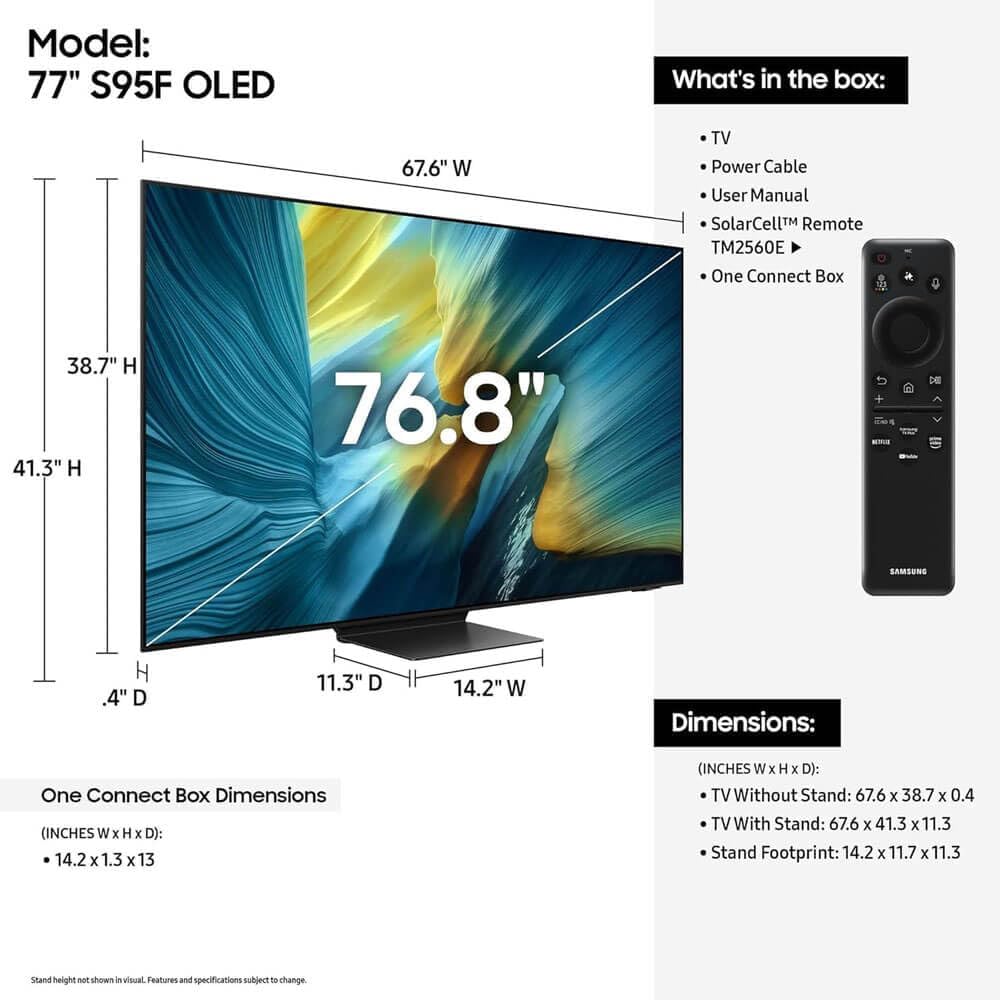 Samsung QN65S95FAFXZAOLED S95F 65-Inch QD-OLED 4K Smart TV with Quantum Dot HDR Pro, Glare-Free Screen, 165Hz Refresh Rate, Dolby Atmos, Alexa Built-in + UAX HDMI Cable + CPS 2-Year Protection Plan