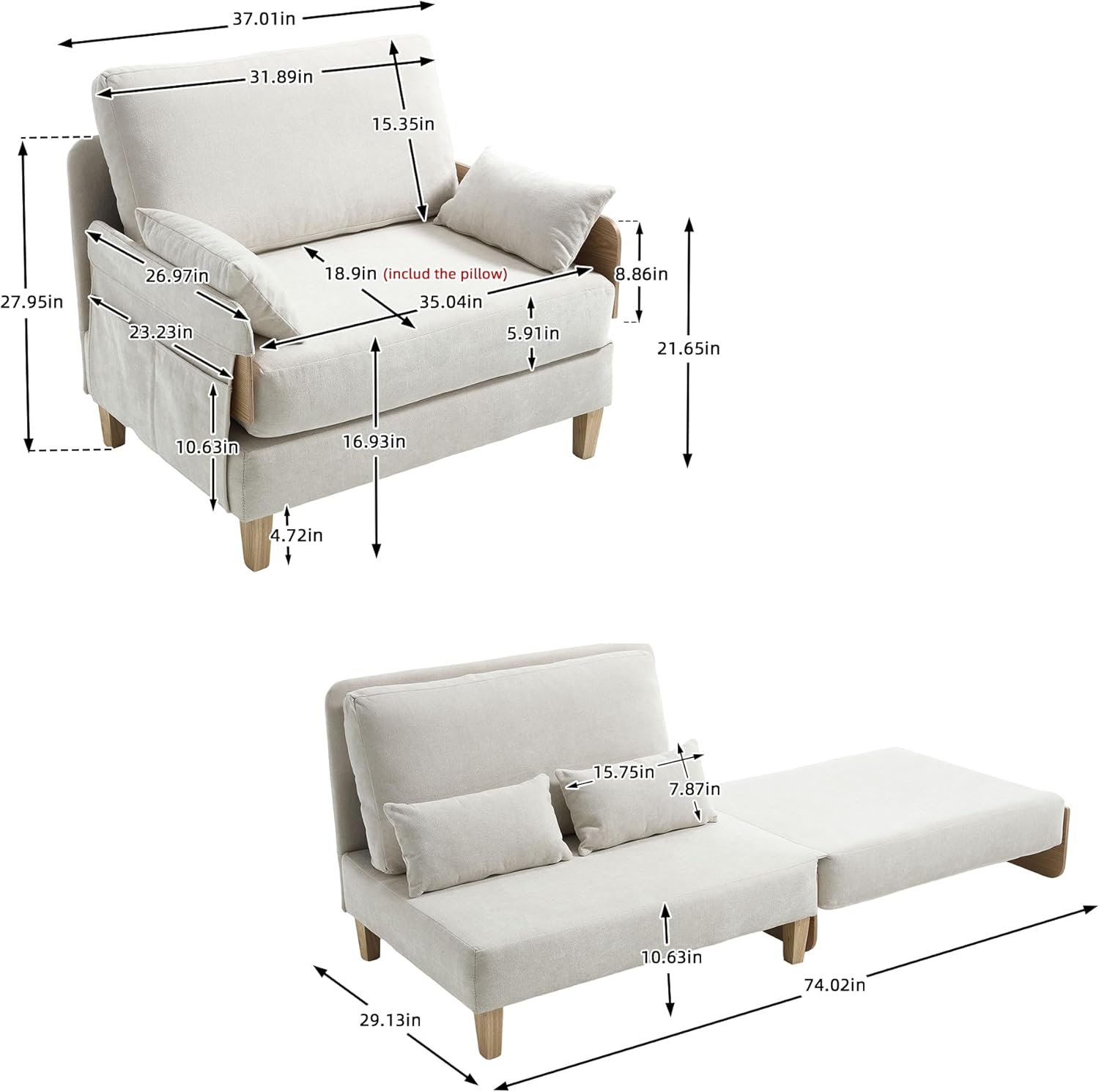 GDFStudio Foldable Sofa Bed Recliner, 3-in-1 Convertible Sleeper Sofa with Pillows, Mid Century Modern Chenille Upholstery for Small Spaces Bedroom Study Room Guest Room, Beige