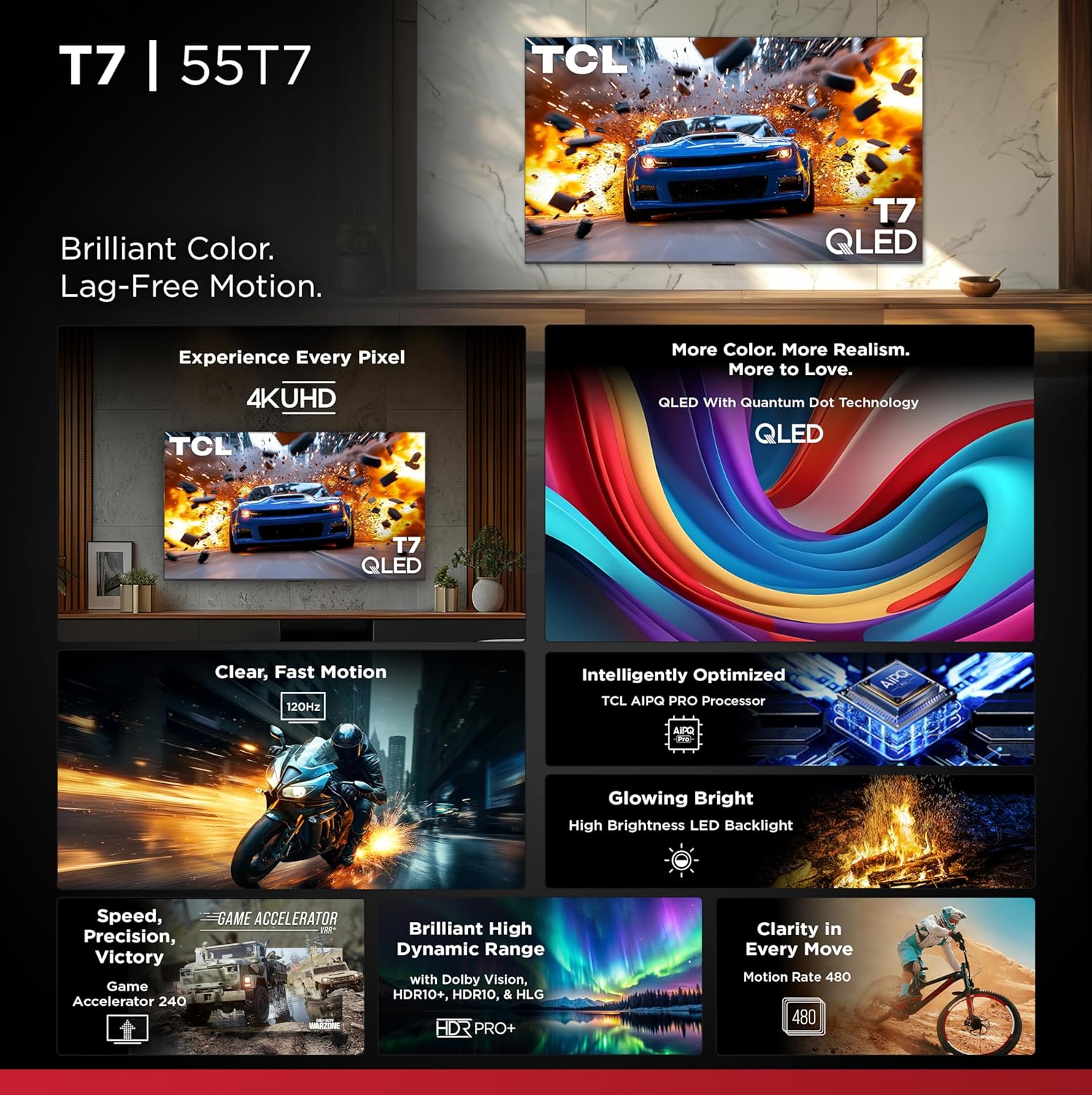 TCL 55 Inch Class T7 Series| 4K QLED HDR| 55T7, 2025 Model| 120HZ Refresh Rate High Brightness Smart Google TV Dolby Atmos Audio| Voice Remote Alexa Gaming Streaming Television