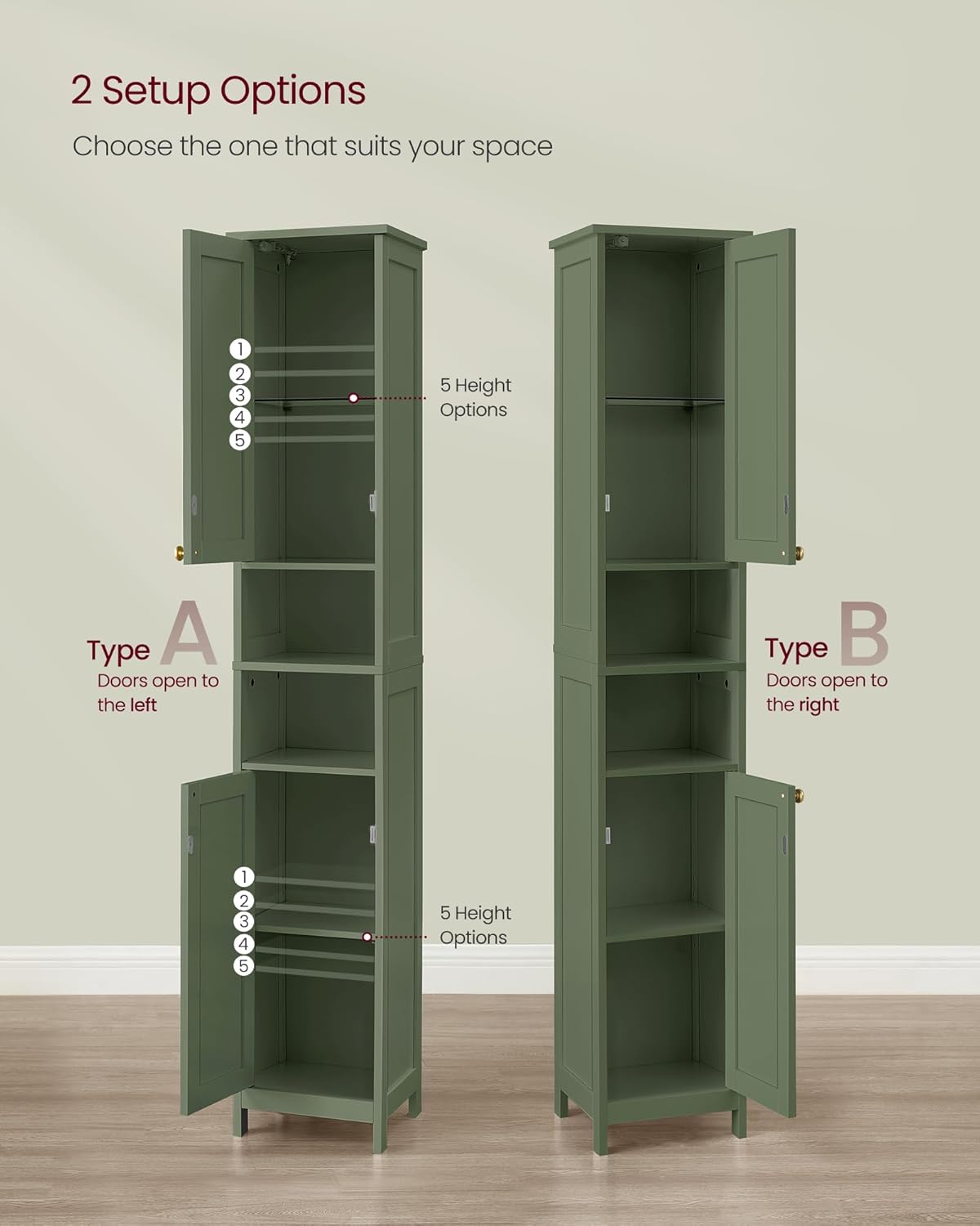 VASAGLE Tall Storage Cabinet with Lights, Slim Freestanding Cabinet with Adjustable Shelves, for Small Spaces, Bathroom, Living Room, Modern, 11.8 Inches Wide, Forest Green UBBC566C01