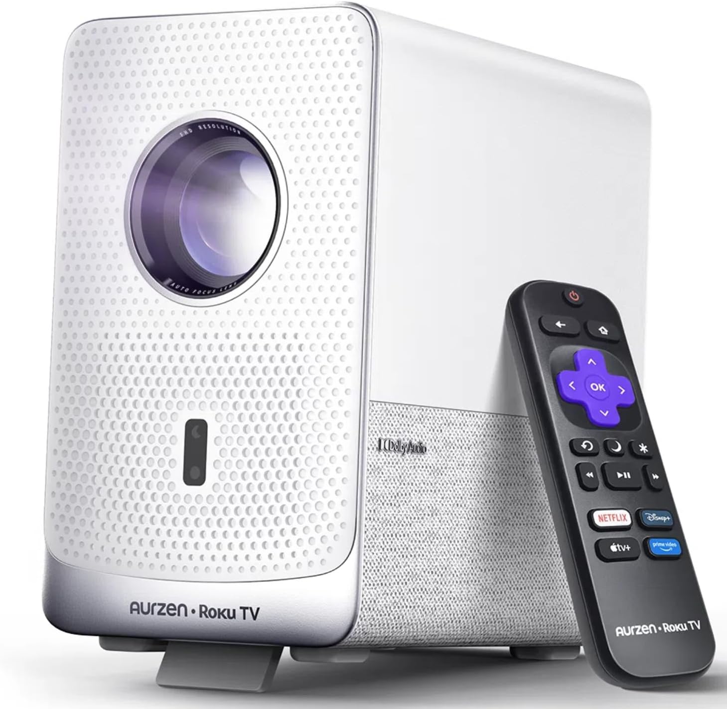 Aurzen Roku TV Smart Projector with Wifi and Bluetooth, D1R Cube Roku Streaming Experience Built-in, Sealed Optical Engine, 1080P FHD, Dolby Audio, Portable Mini Projector for Home/Outdoor Movies