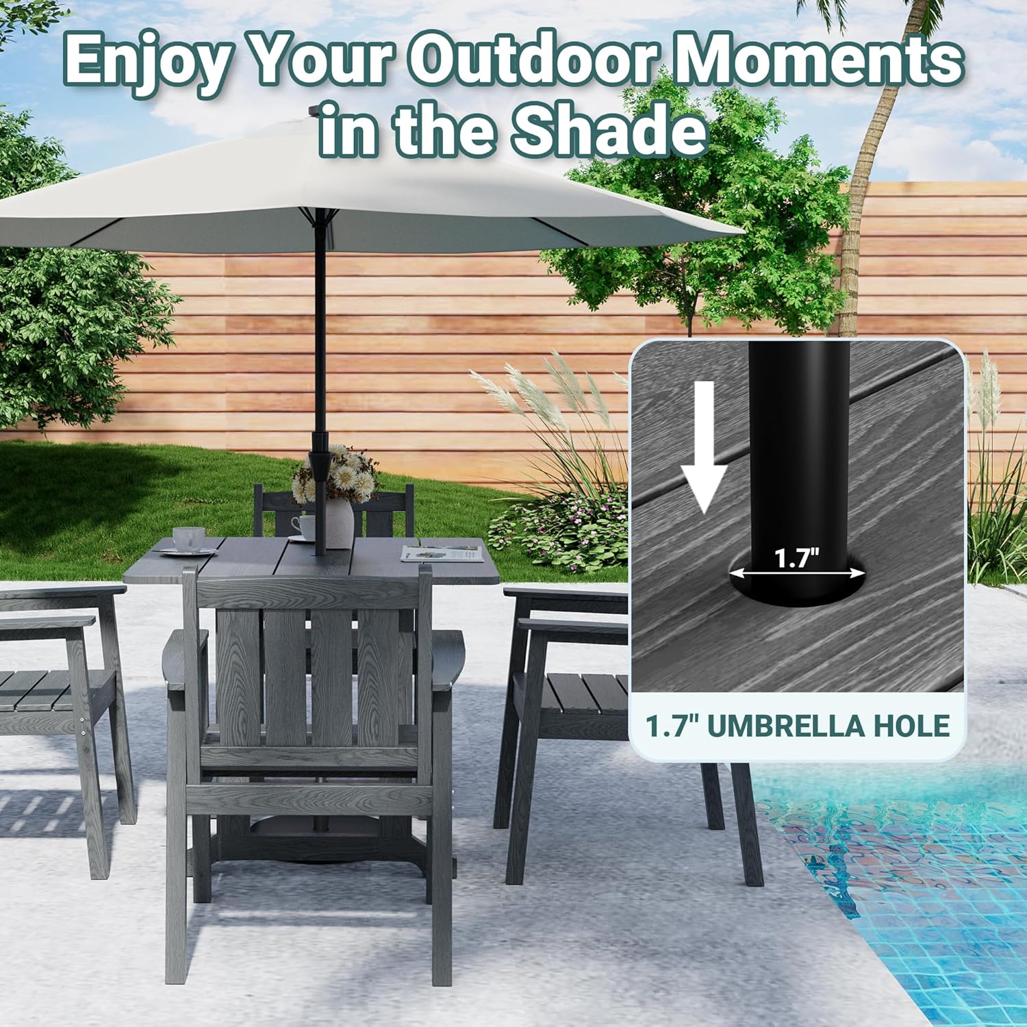 Pamapic 5 PCS Outdoor Dining Set, Spacious HDPE Outdoor Table and Chairs, Wood Grain Patio Furniture Sets with Elegant Armrests, All-Weather Patio Dining Table with Umbrella Hole, Gray