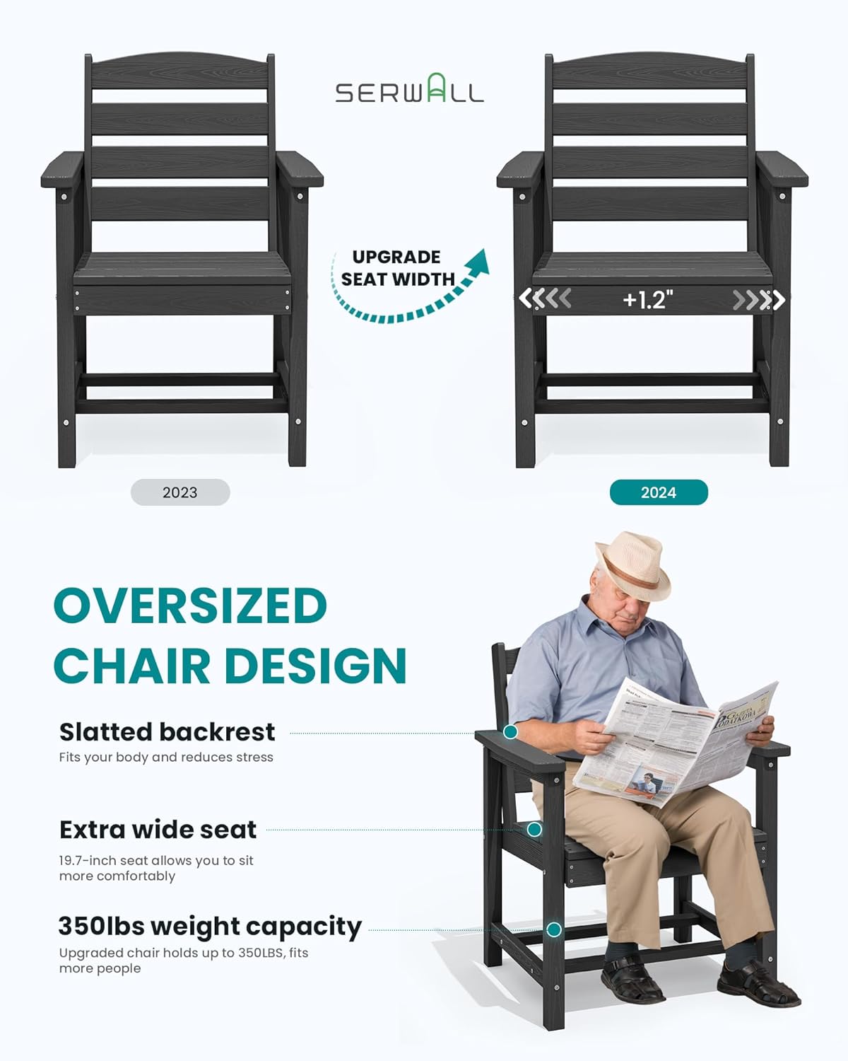 SERWALL 7-Piece Patio Dining Table Set, Outdoor HDPE Dining Furniture Set with Umbrella Hole Cut-Out Table and 6 Chairs, Black