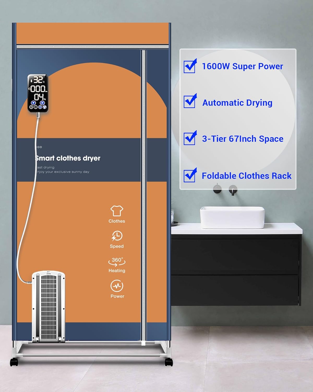 Portable Clothes Dryer, 1600W Fast-Drying Portable Dryer for Apartment, 67Inch -3 Tier Foldable High Capacity Clothes Dryer Rack, Small/Compact Portable Dryer with Timer for RV, Travel