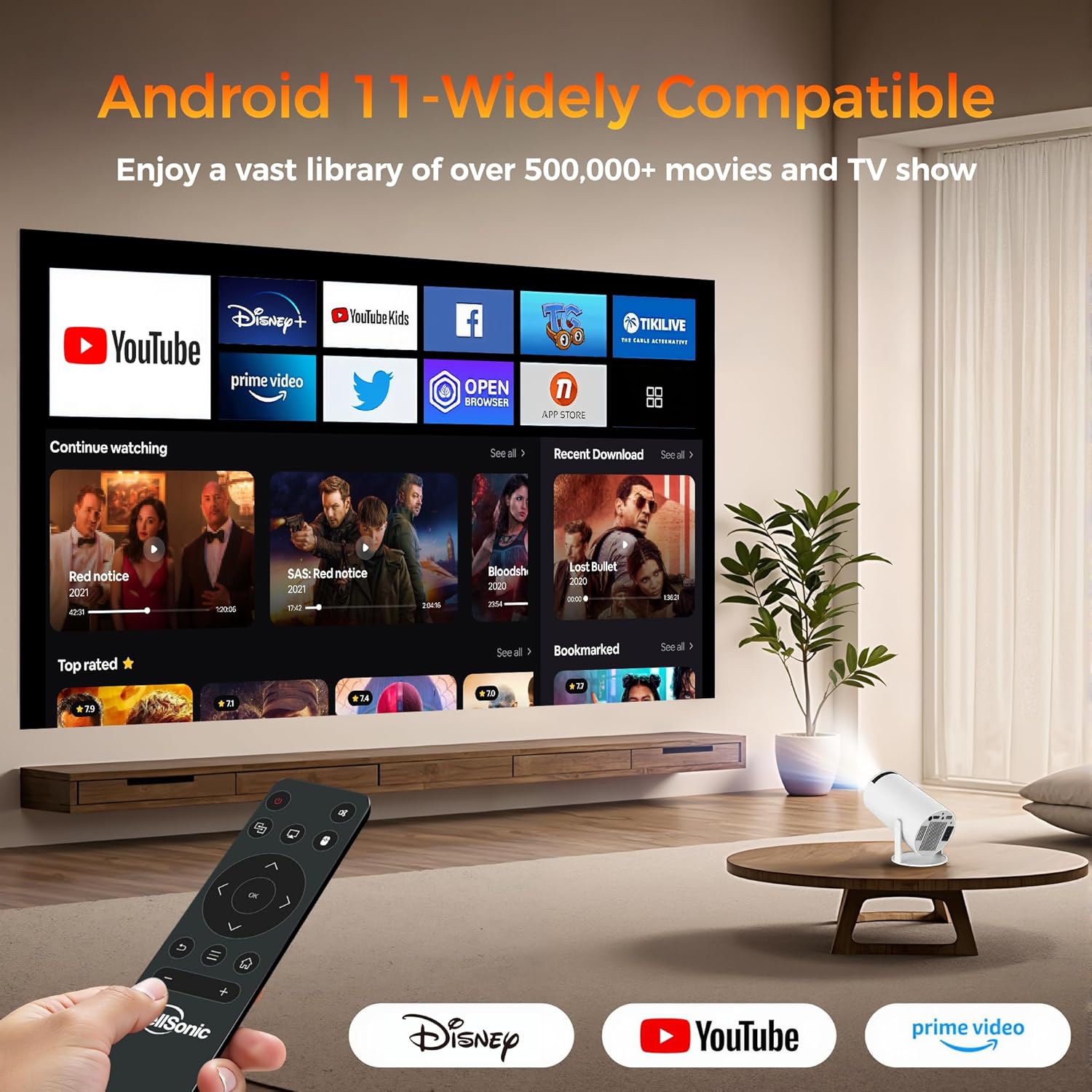 Mini Projector Supports 1080P, 200 Ansi Outdoor & Home Movie Portable Projector with Wifi6 and 5.0 Bluetooth, Automatic Keystone Correction, 180°Rotatable, Compatible with HDMI USB PC Laptop
