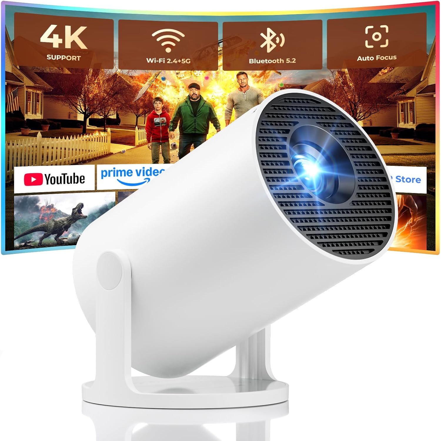 Mini Projector, Portable Projector with Wifi and Bluetooth, Built-in Apps, Supports 4K 1080P, 180° Rotation, Auto Keystone, Movie Projector Compatible With HDMI/USB/TV Stick/Smartphone/Laptop