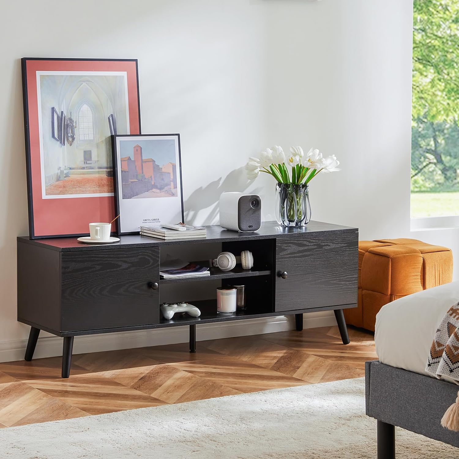 Sweetcrispy TV Stand for 55-60 inch TV, Modern Mid Century Entertainment Center with Storage, Media Console Table with 2 Cabinets, Soft Hinge, Handle Door, Wooden Living Room, Office Furniture, Black