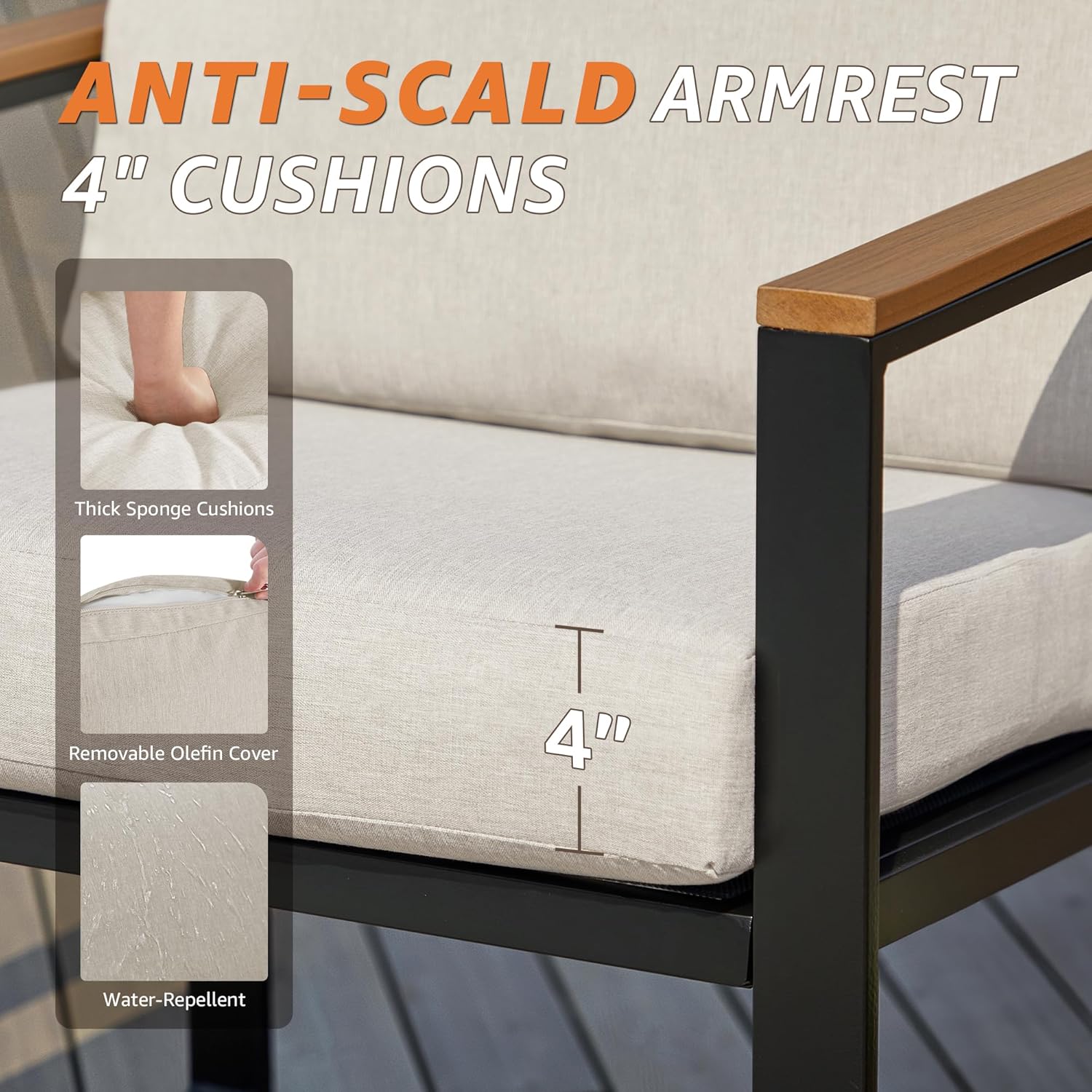 NATURAL EXPRESSIONS 4 Pieces Patio Furniture Sets, Metal Outdoor Patio Furniture Sets, Outdoor Sectional Patio Conversation Set, Wooden Anti-Scald Armrest, Sling Mesh, 4