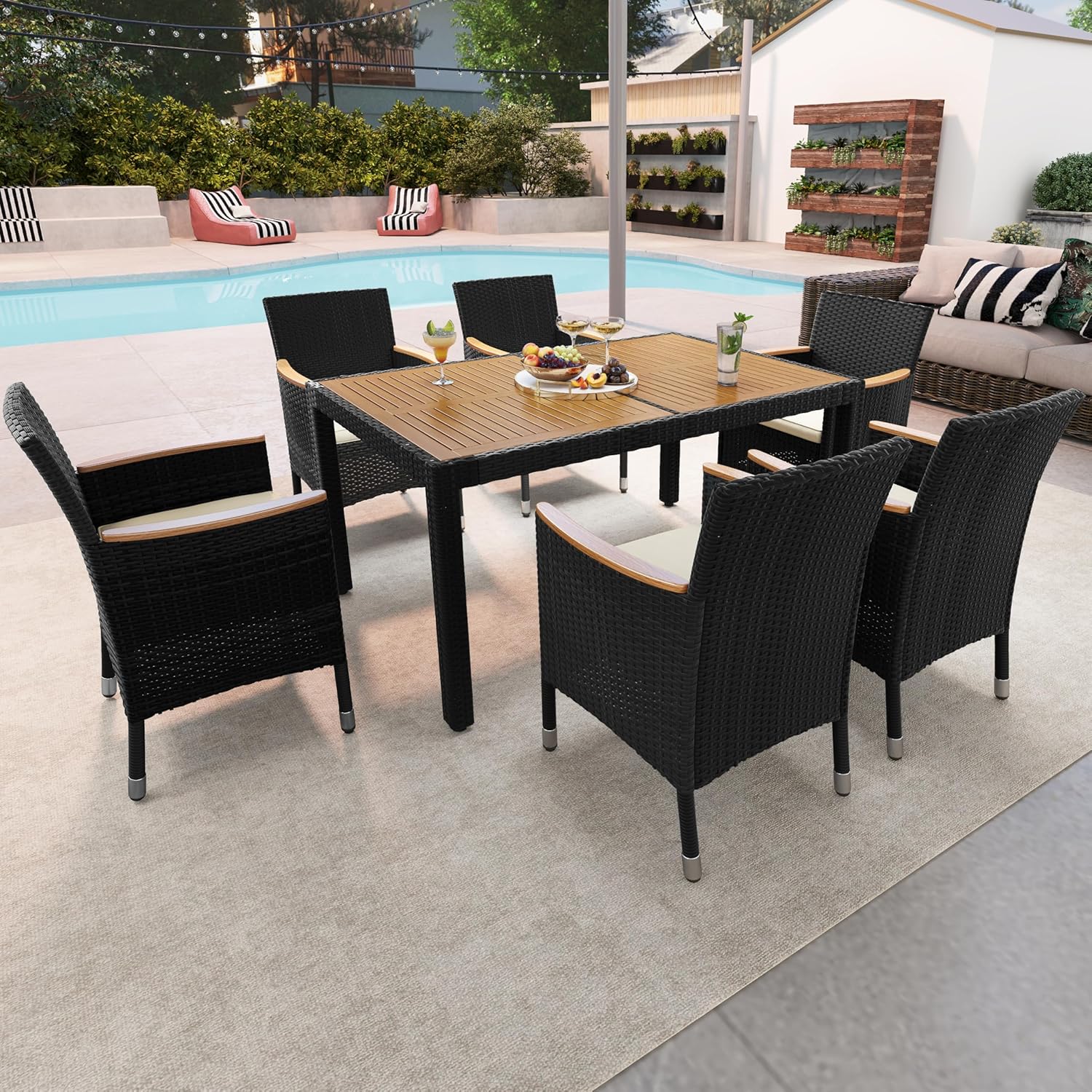 Yaheetech 7 Piece Patio Furniture Set, Outdoor Dining Acacia Wood Table Top Rattan Conversation Set with Soft Cushions, 6 Chairs & 1 Table for Backyard, Deck, Garden & Yard, Black/Beige