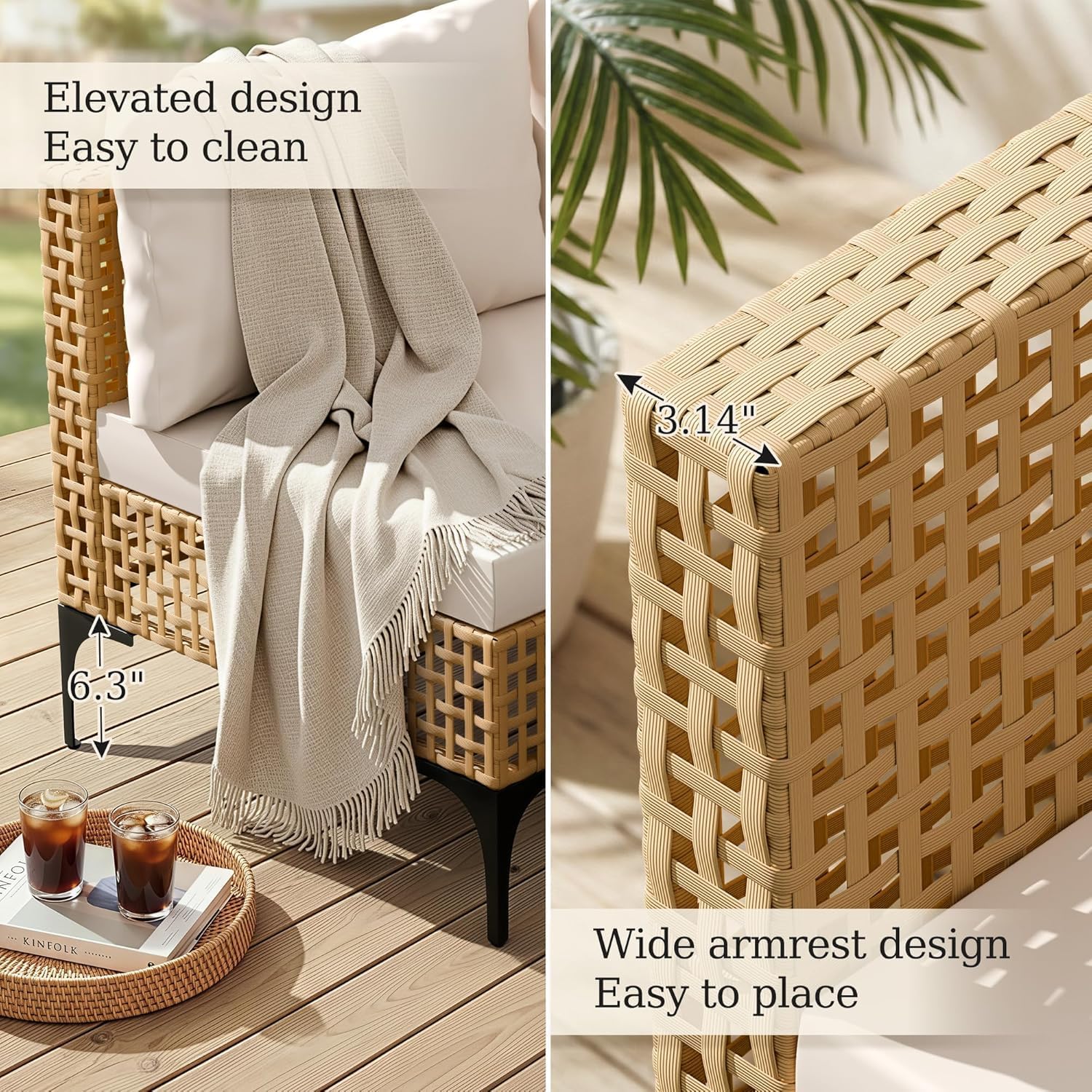 Devoko Patio Furniture Set, 7 Pieces Outdoor Wicker Sectional Couch with Thick Cushions & Glass Tabletop, PE Rattan Backyard Conversation Sofa with Coffee Table for Deck, Porch