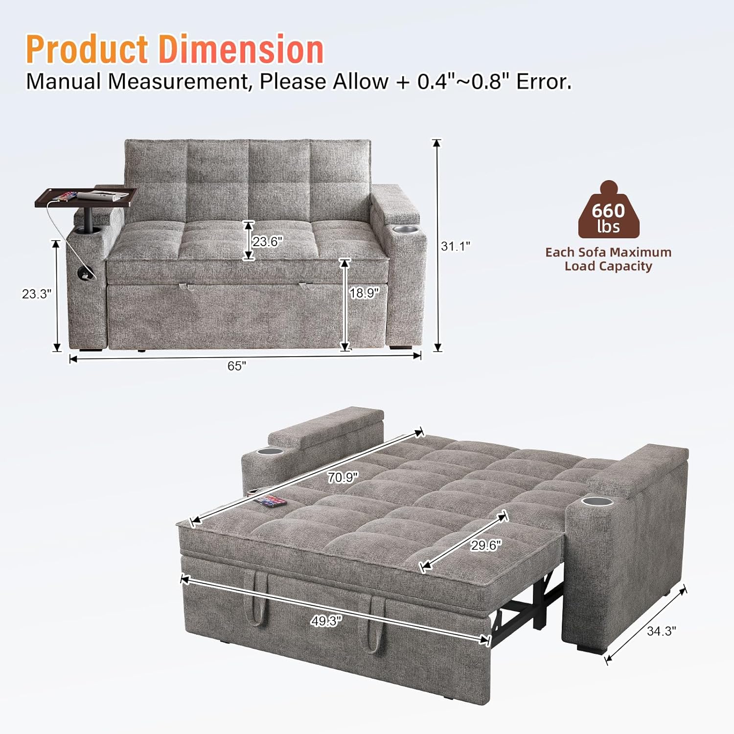 65'' 3-in-1 Convertible Sofa Bed with Adjustable Backrest, Pull Out Sofa, Chenille Couch Sleeper 360° Swivel Side Table, Easy Assembly, for Living Room & Apartments, Gray