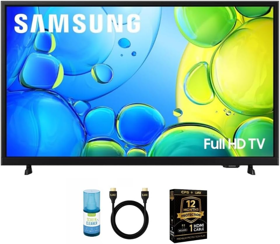Samsung 32-Inch Smart LED TV Bundle – Full HD 1080p, HDR, Bluetooth, with 12 Month CPS Protection, AUX HDMI Cable, and Screen Cleaning