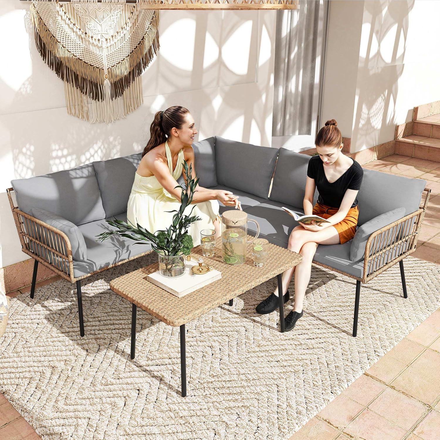 DWVO 4-Piece Outdoor Sectional Sofa Set, All-Weather Wicker L-Shaped 5-Seater Patio Furniture with Removable Cushions & Side Table, Boho Conversation Set for Backyard, Porch, Deck (Grey)