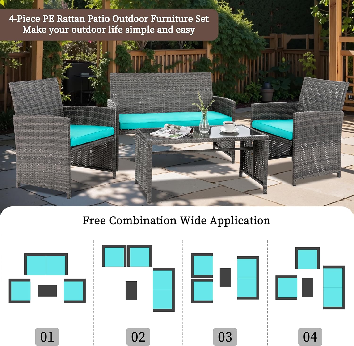 4 Piece Patio Rattan Set Outdoor Furniture Set Wicker Conversation Sets with Cushions and Tempered Glass Tabletop,Blue