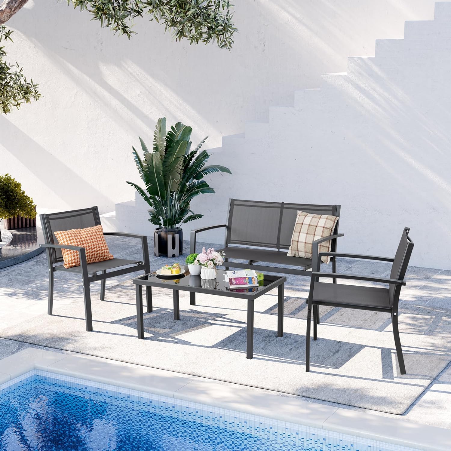 Shintenchi 4 Pieces Patio Furniture Set All Weather Textile Fabric Outdoor Conversation Set, with Glass Coffee Table, Loveseat, 2 Single Chairs for Home, Garden, Lawn, Porch（Gray）