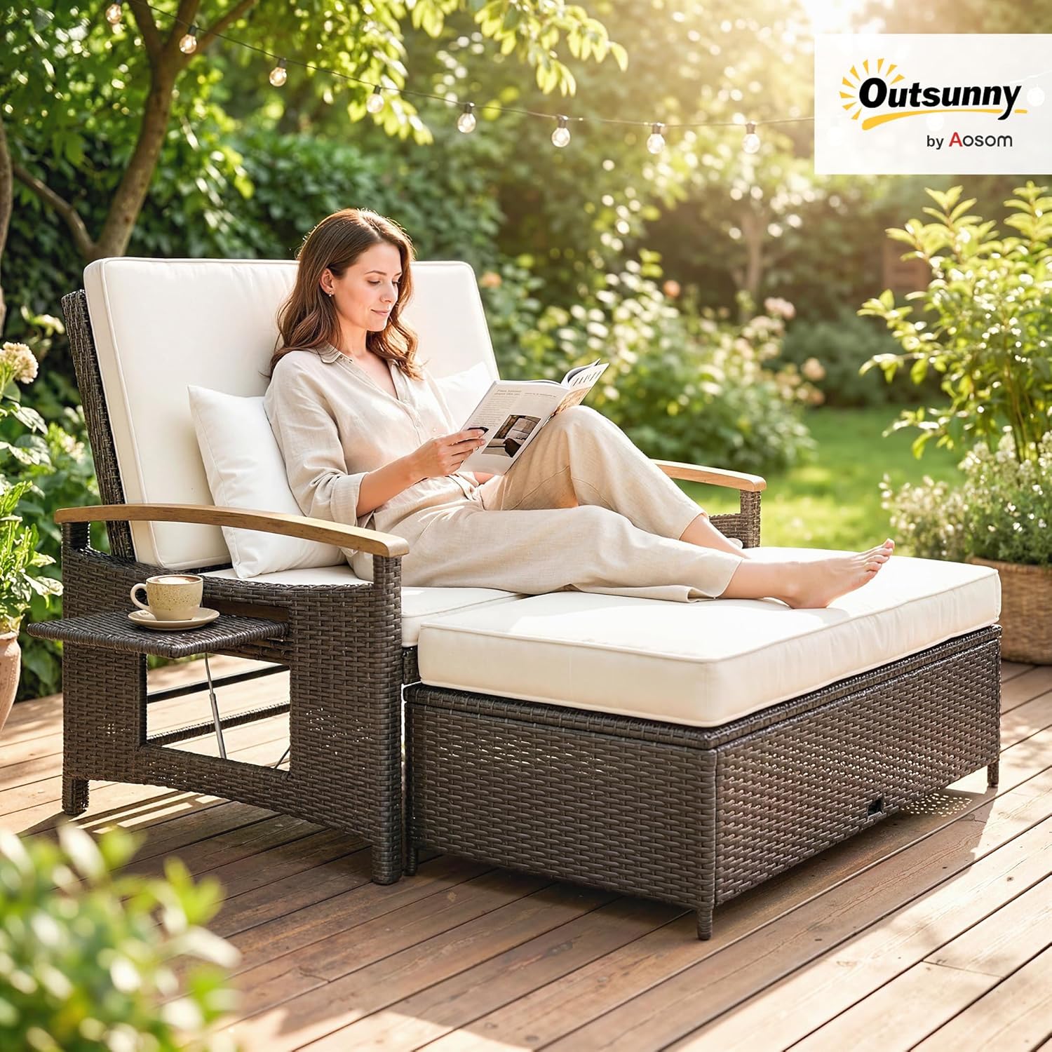 Outsunny Rattan Outdoor Daybed, PE Wicker Patio Loveseat with Storage Ottoman, 4-Level Adjustable Backrest, Folding Side Trays, Acacia Wood Armrest, Double Sun Lounger with Cushions, Pillows, Beige| 4-in-1 ottoman