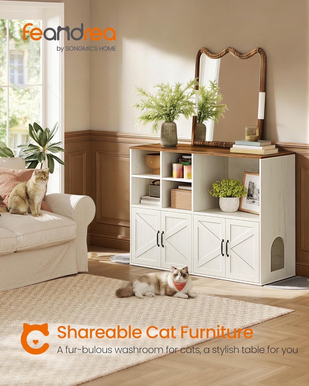 Feandrea Litter Box Enclosure for 2 Cats, Hidden Litter Box Furniture with Storage Cabinet, Double Room, Farmhouse Indoor Cat House Washroom, Honey Brown and Rustic White UPCL032WJ03