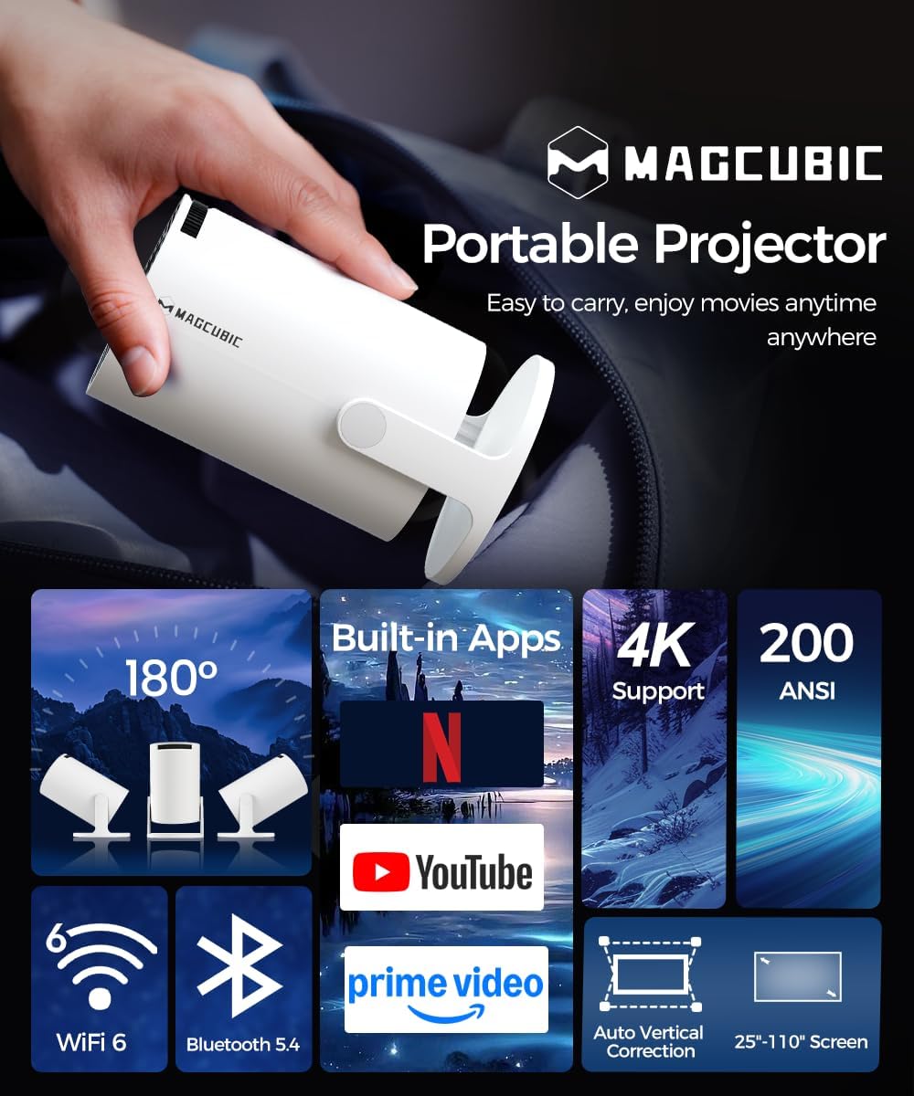 Magcubic Mini Projector with WiFi and Bluetooth, 4K Support Smart Portable Projector, Small Projector with 200ANSI & AutoKeystone, 180° Rotation HY300Pro Video Projector for Bedroom, Movie, Outdoor