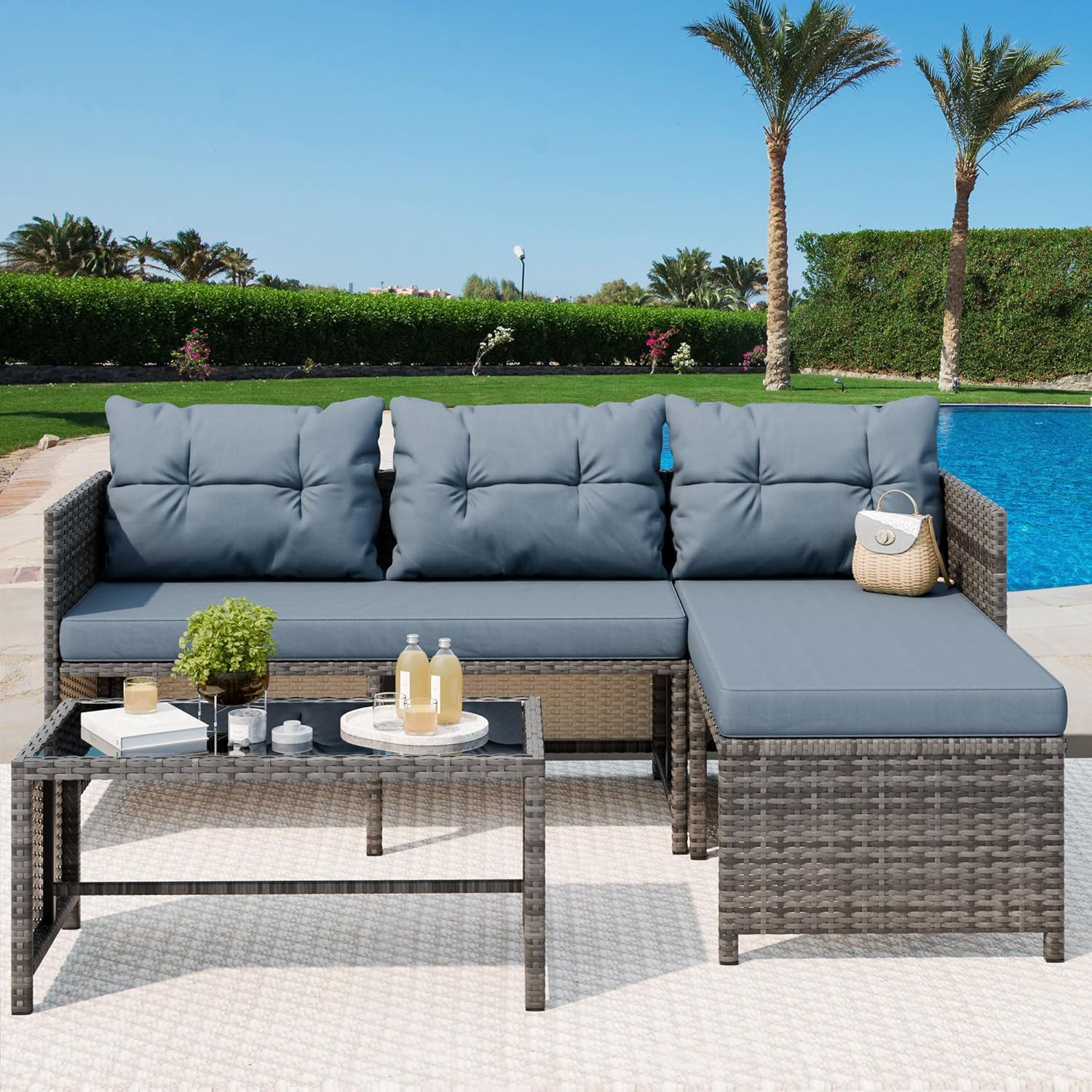 Vongrasig 3 Pieces Patio Furniture Sets, All-Weather Wicker Outdoor Sofa Couch Sectional Set, Small Conversation Set for Patio, Garden with Cushions, Glass Table, (Blue)