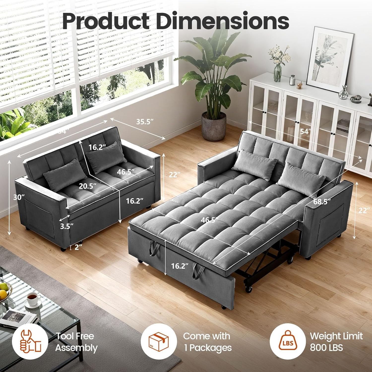 Convertible Sofa Bed, Pull Out Couch with Side Pockets, 3 in 1 Velvet Fabric Loveseat Sleeper Sofa Bed, Pull Out Couch with Adjustable Backrest for Living Room, Bedroom, Apartment, Deep Gray