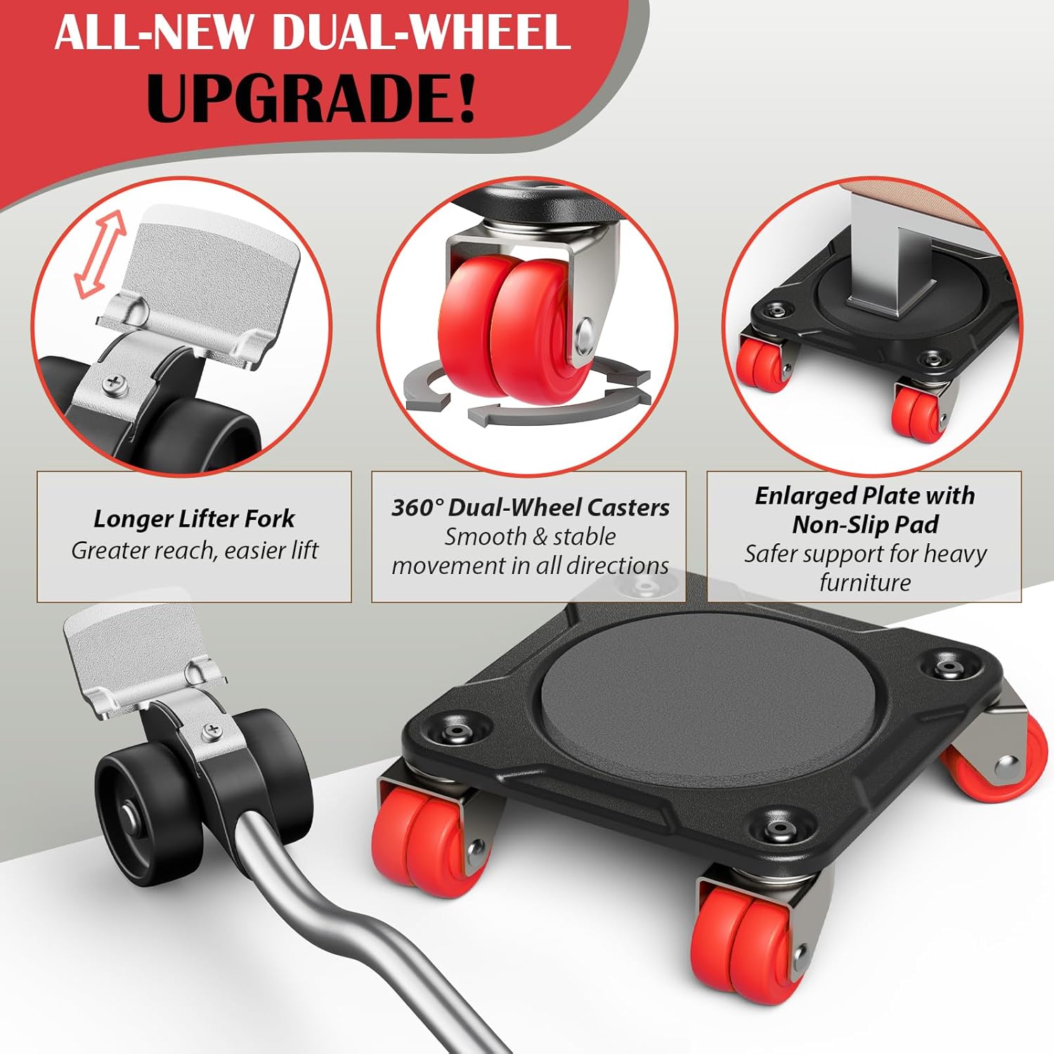 ONEON Heavy Duty Furniture Movers with Wheels Dolly with Auxiliary Lifter, All-New Upgraded Carbon Steel Panels & Dual-Wheeled Casters, Supports up to 1650 lbs (L, Red)