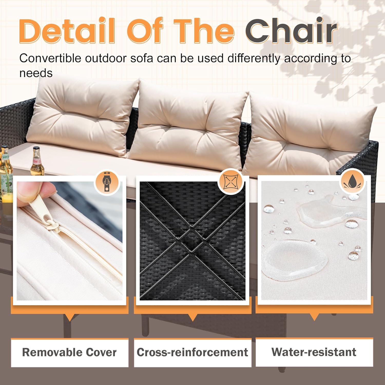 Devoko Outdoor Patio Furniture 3-Piece Rattan Waterproof Outdoor Sectional Sofa All-Weather L-Shaped Patio Couch with Cushion Glass Table for Balcony, Garden (Beige)