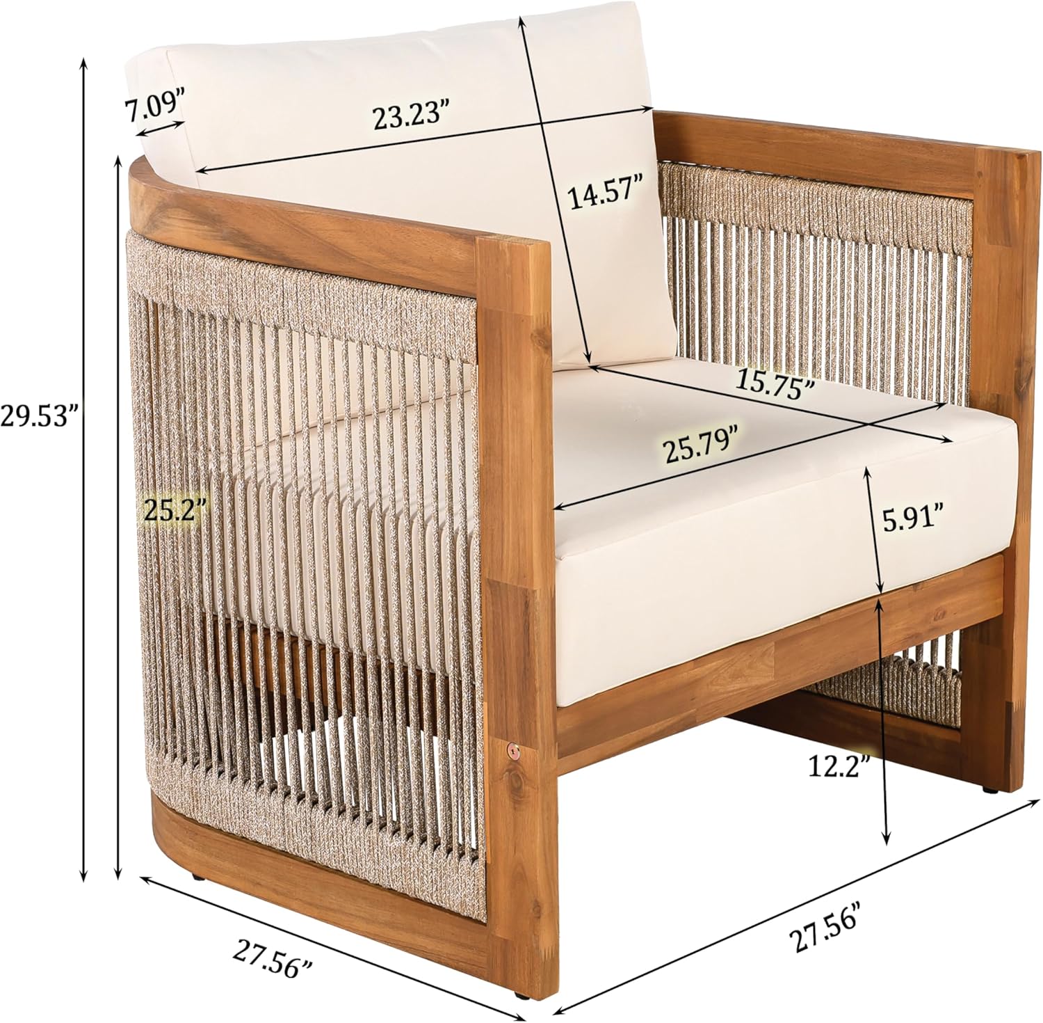 Christopher Knight Home Dora Set of 2 Patio Club Chair with Cushions, Acacia Wood Lounge Chair Outdoor, Woven Accents, Curved Design Side Chair for Balcony Backyard Garden Poolside, Beige + Teak