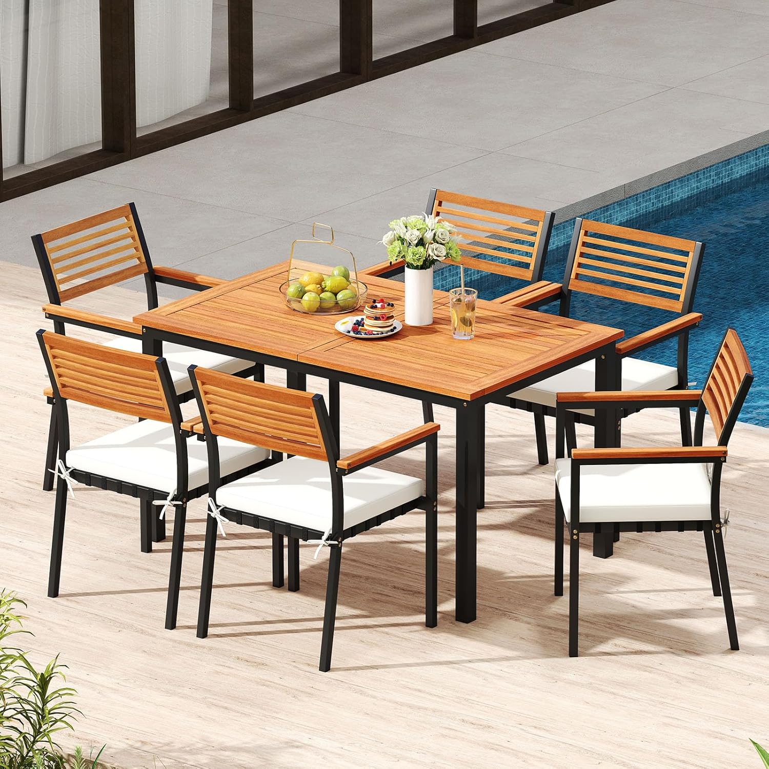 Tangkula 7 Piece Patio Dining Set, Outdoor Acacia Wood Cushioned Chairs and 51”-64” Expandable Rectangular Table Set, with Umbrella Hole, 6 Stackable Armchairs, for Poolside Garden (Off White)