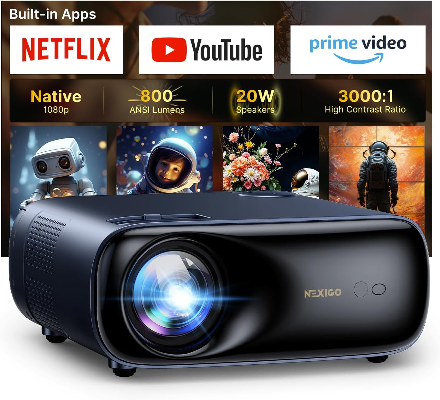 NexiGo PJ40 Ultra Outdoor Projector, Compatible with Netflix/YouTube/Prime Video, 800 ANSI Lumens, AI Image Enhancement, Native 1080p Video Projector, 20W Speaker, Auto Keystone