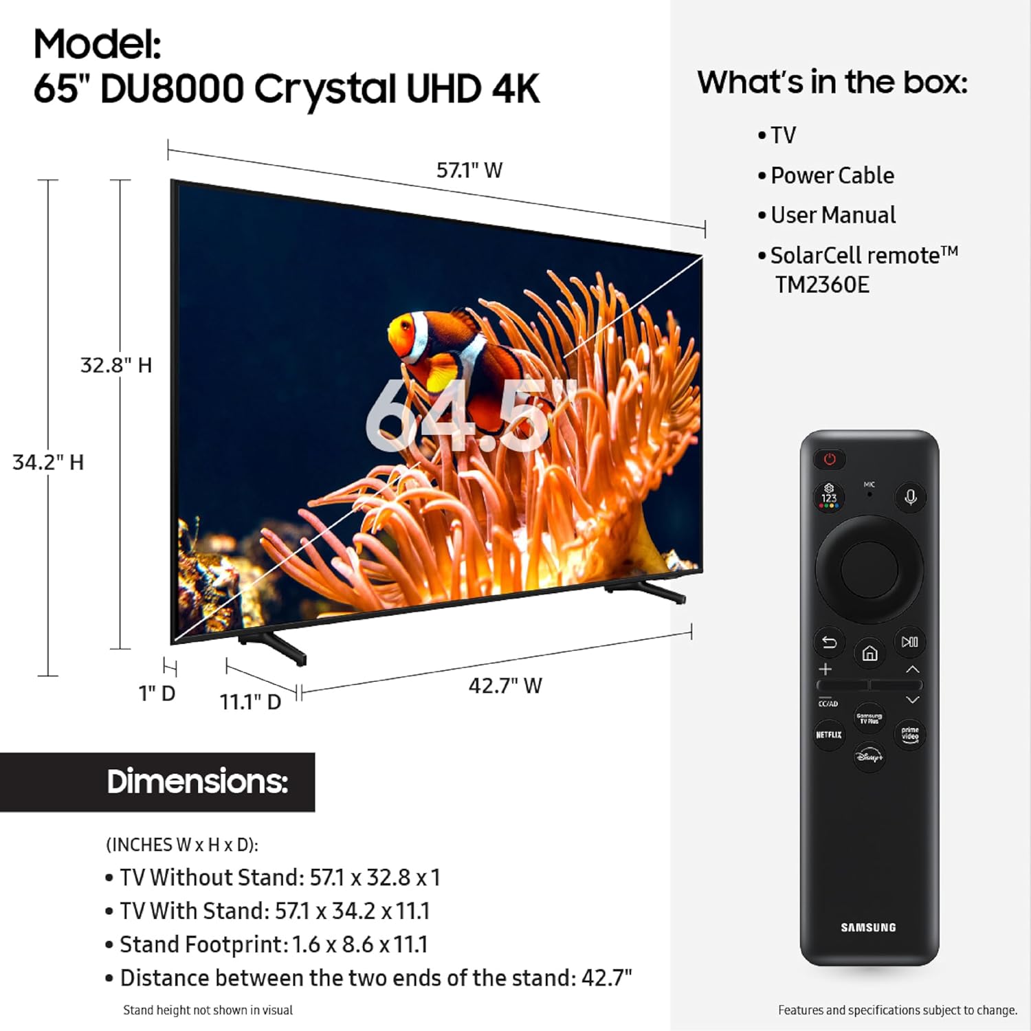Samsung 65-Inch Class 4K Crystal UHD DU8000 Series HDR Smart TV with Object Tracking Sound Lite, Motion Xcelerator, Ultra Slim Design, Gaming Hub, Alexa Built-in (UN65DU8000, 2024 Model)